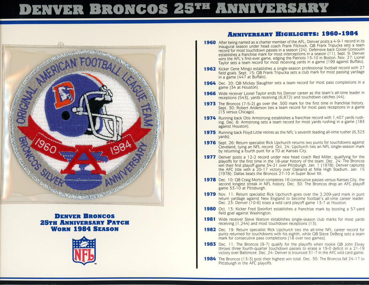 Denver Broncos 25th Anniversary Patch Stat Card Official Willabee & Ward 36751