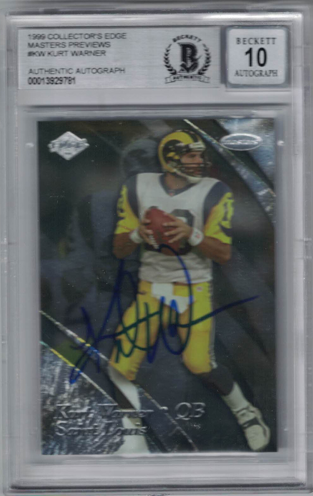 Kurt Warner Autographed 1999 Edge Preview KW Trading Card Beckett 10 Slab 36342