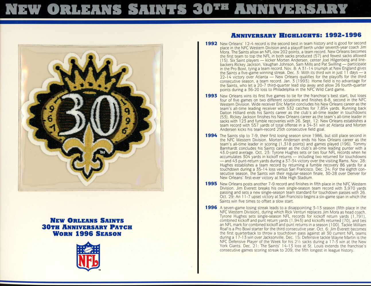 New Orleans Saints 30th Anniversary Patch Stat Card Willabee & Ward 36771