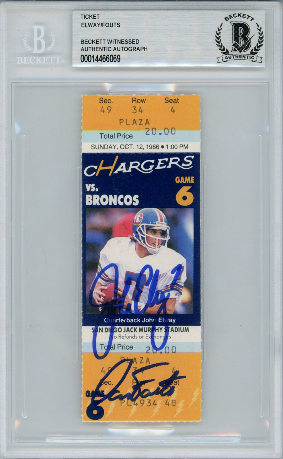 John Elway & Dan Fouts Autographed 10/12/1986 Ticket Stub Beckett Slab 38623