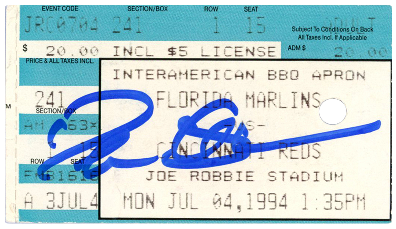 Deion Sanders Signed Cincinnati Reds 7/4/1994 @ Marlins Ticket BAS 37188