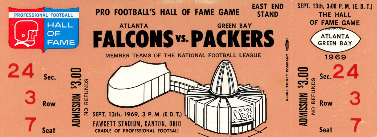 1969 Hall Of Fame Game Ticket Atlanta Falcons vs Green Bay Packers 37516