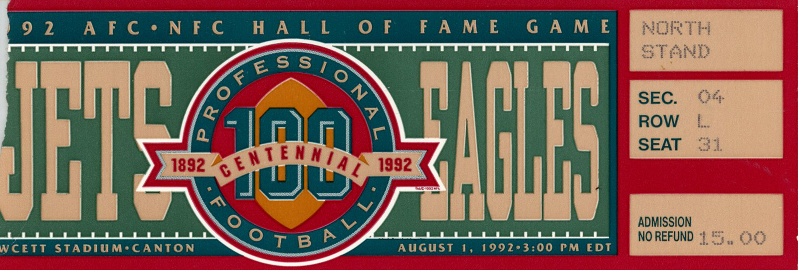 1992 Hall Of Fame Game Ticket New York Jets vs Philadelphia Eagles 37545