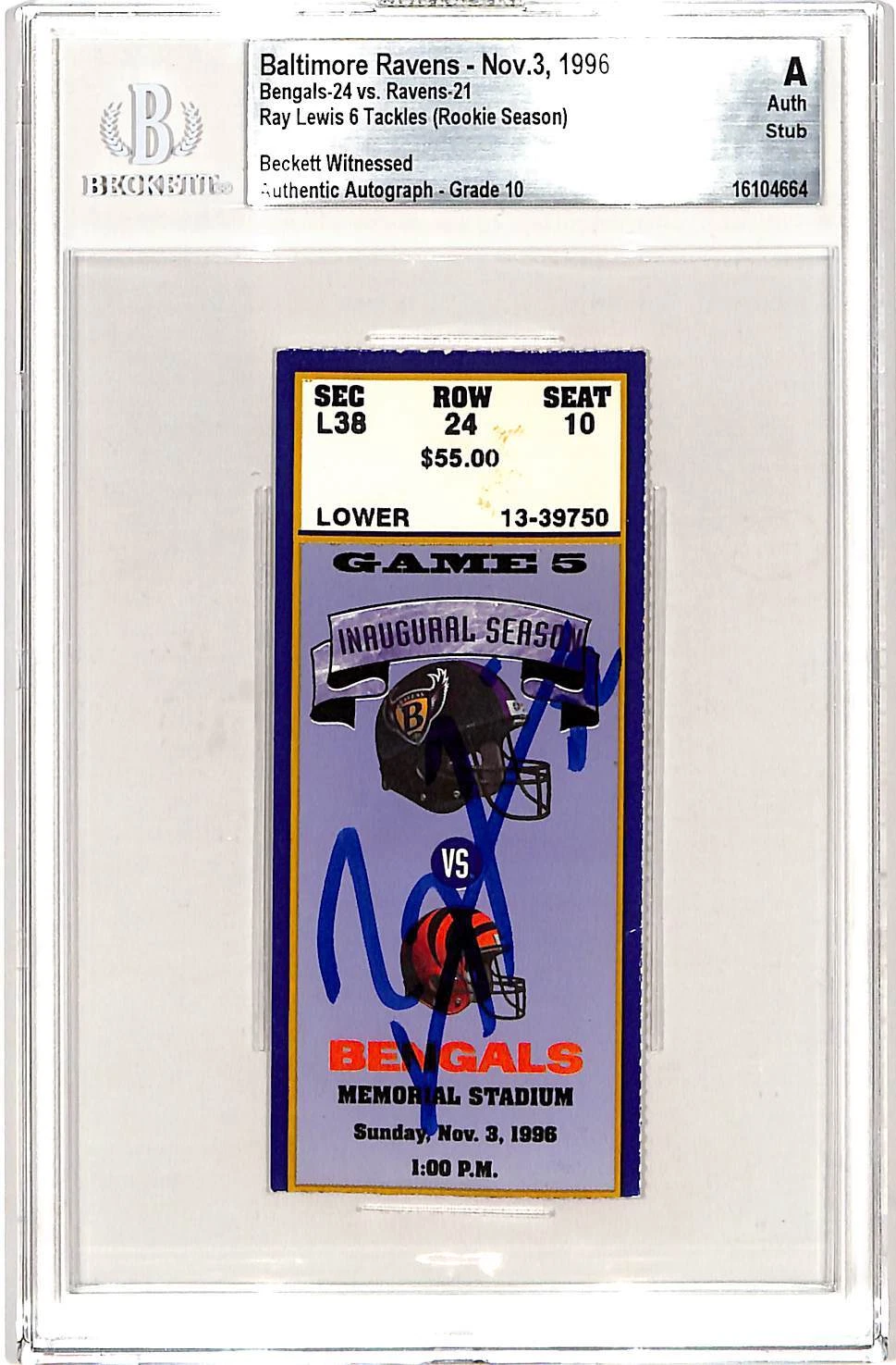 Ray Lewis Signed Baltimore Ravens 11/03/96 Ticket Stub Slab Beckett 42755