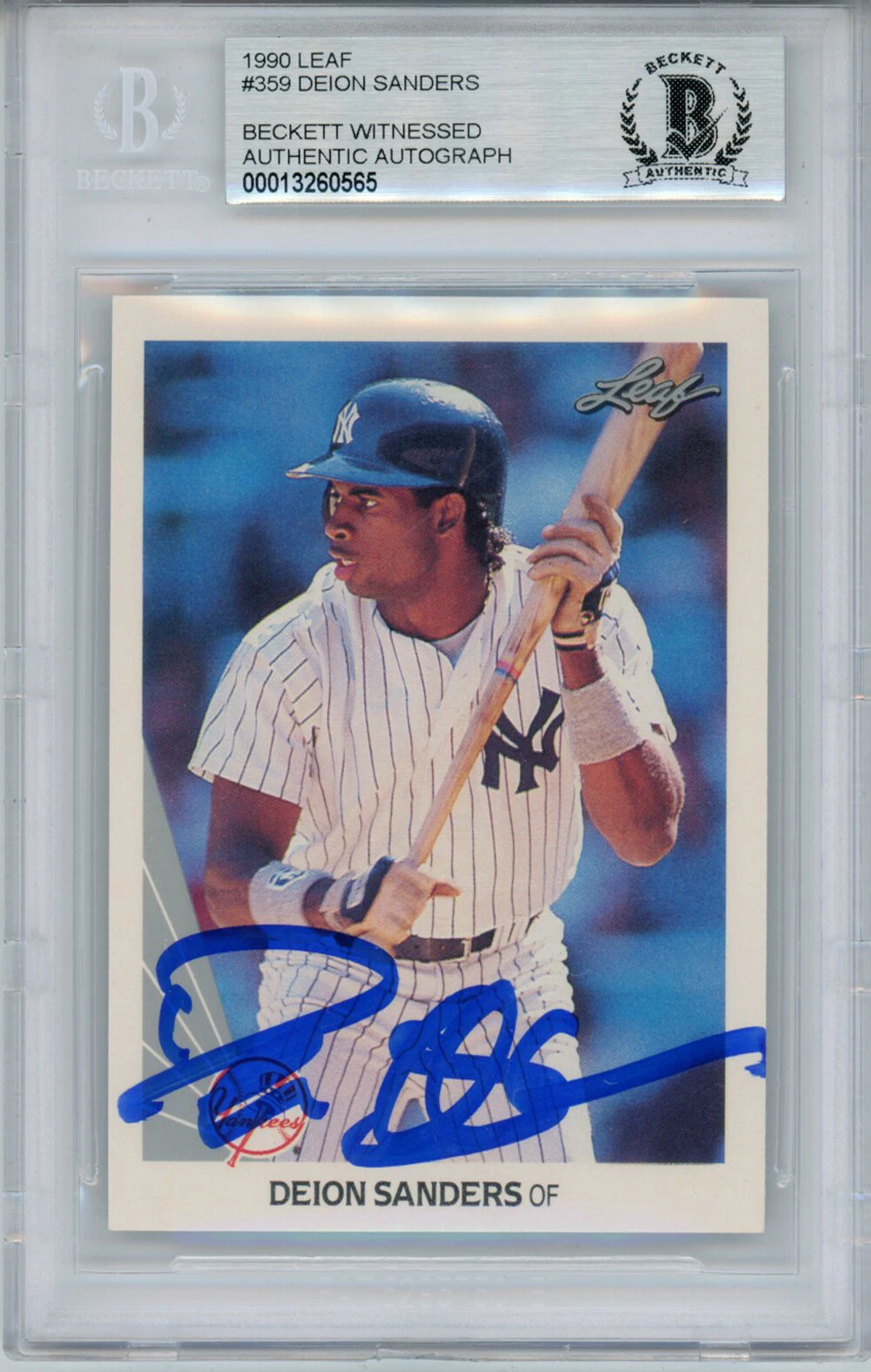 Deion Sanders Autographed/Signed 1990 Leaf Trading Card BAS Slab 32092