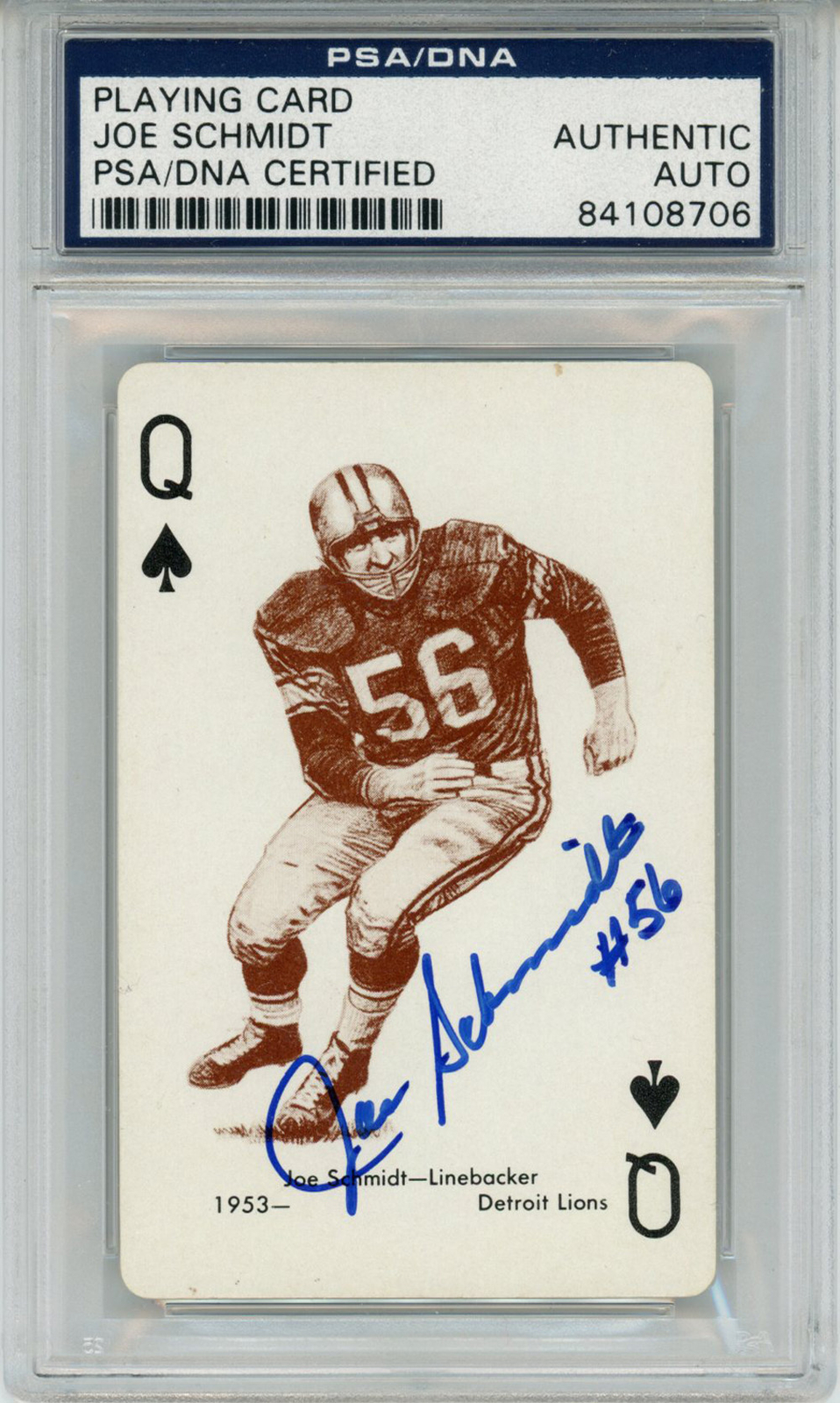 Joe Schmidt Autographed 1963 Stancraft Queen of Spades Card PSA Slab 43565