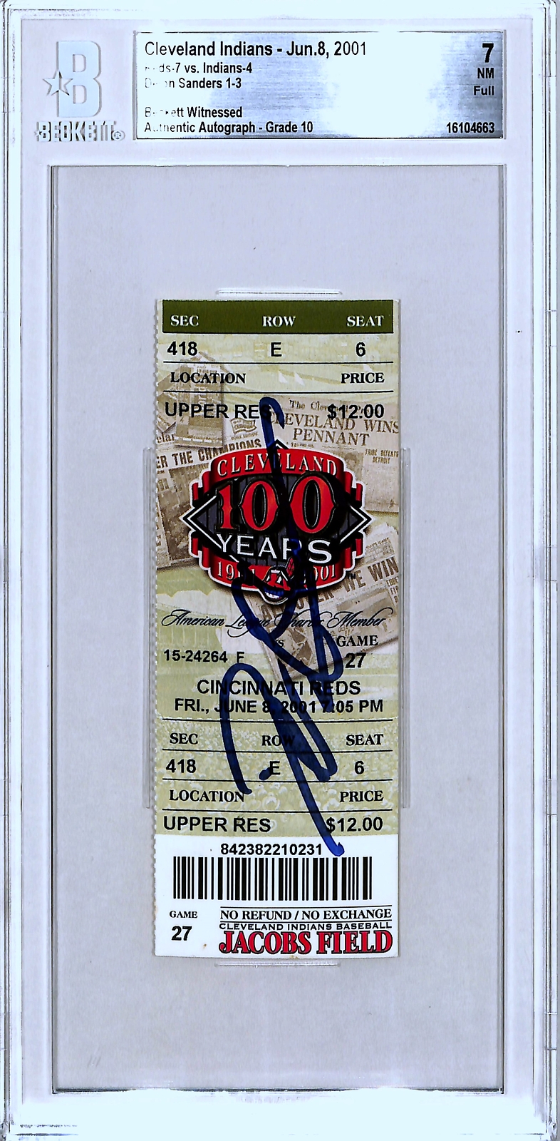 Deion Sanders Signed Cincinnati Reds Ticket Last MLB Hit BAS Slab 37144