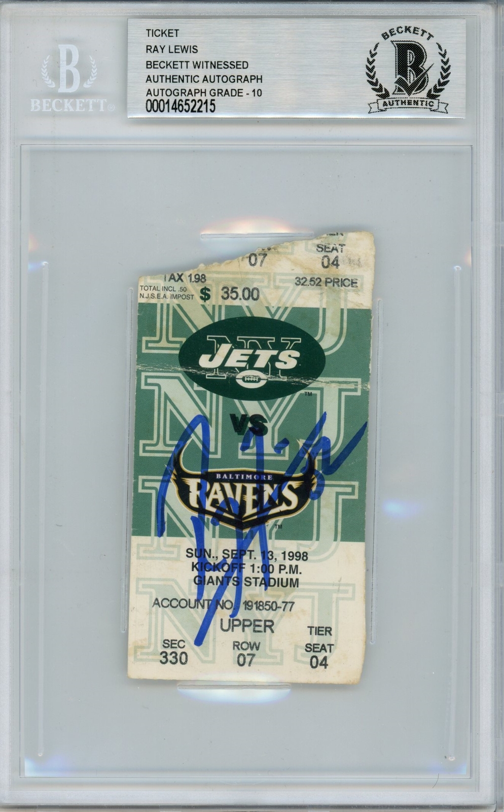 Ray Lewis Signed Baltimore Ravens Ticket 9/13/98 vs Jets BAS Slab 39449