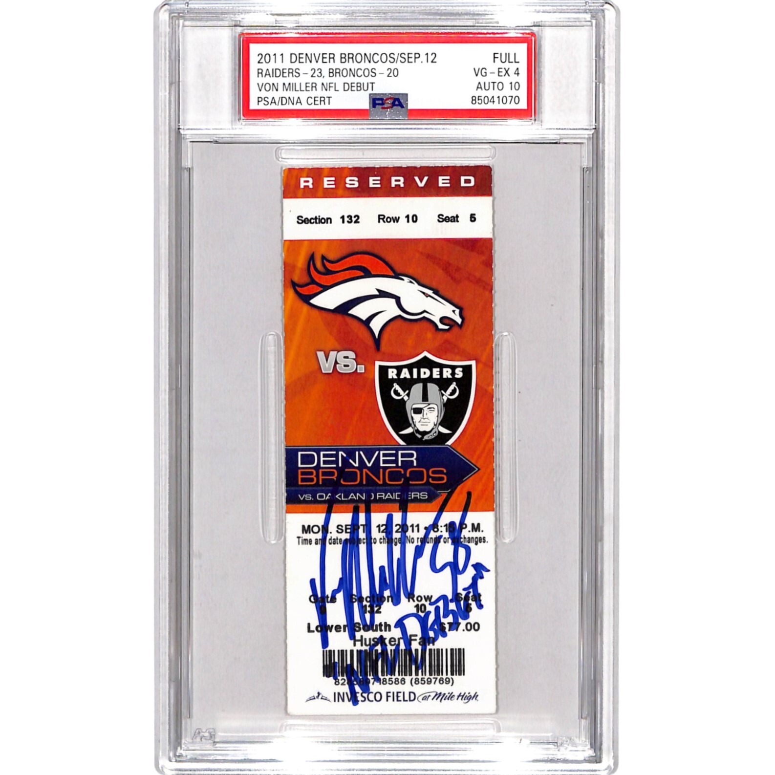 Von Miller Signed Denver Broncos NFL Debut Ticket Stub Slab 4/10 PSA 34349