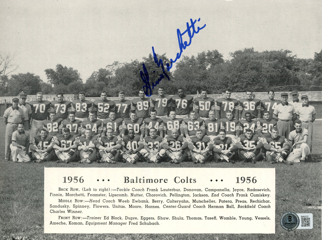 Gino Marchetti Signed 1956 Baltimore Colts Roster Magazine Page BAS 48224