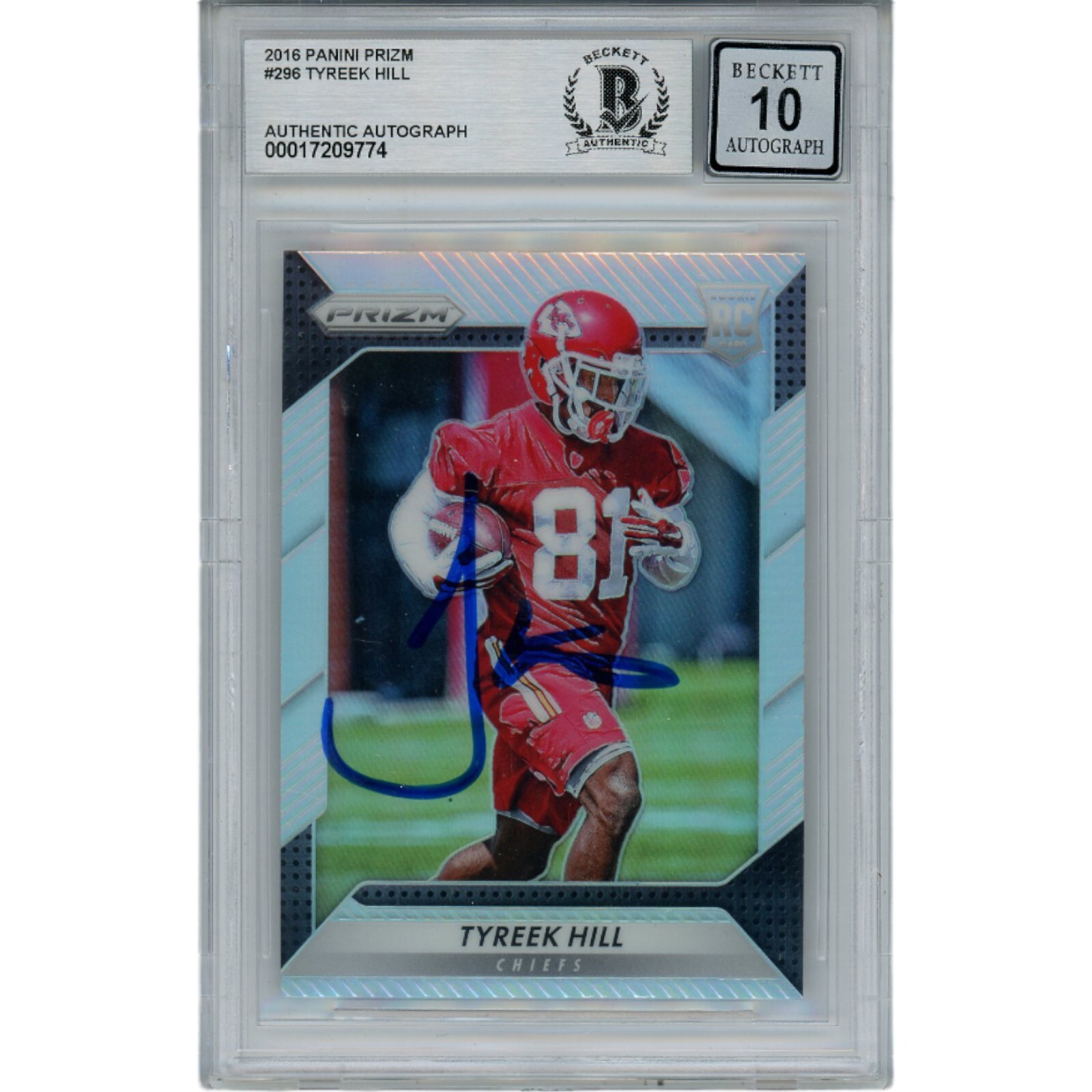 Tyreek Hill Autographed '16 Panini Prizm 296 10 Grade Trading Card Beckett 44971