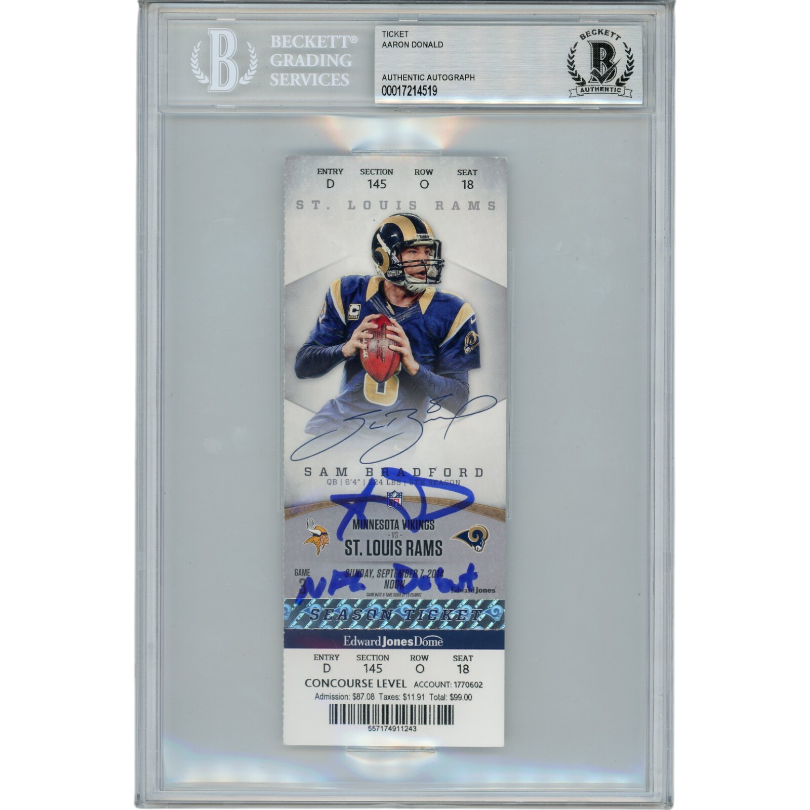 Aaron Donald Autographed Los Angeles Rams NFL Debut Ticket Stub Beckett 43855