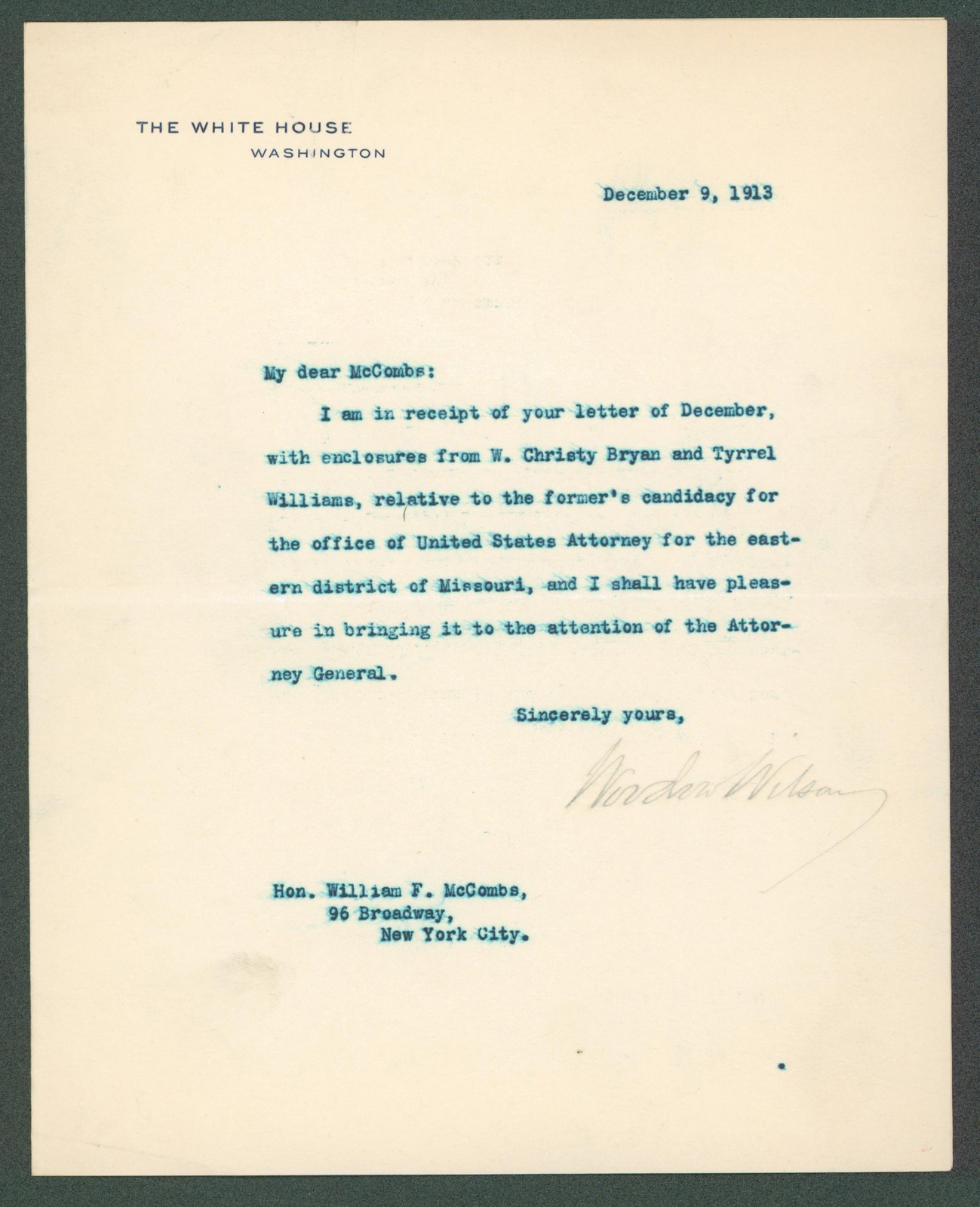 Woodrow Wilson Signed 7x8.8 1913 Letter On White House Letterhead BAS #AB14537