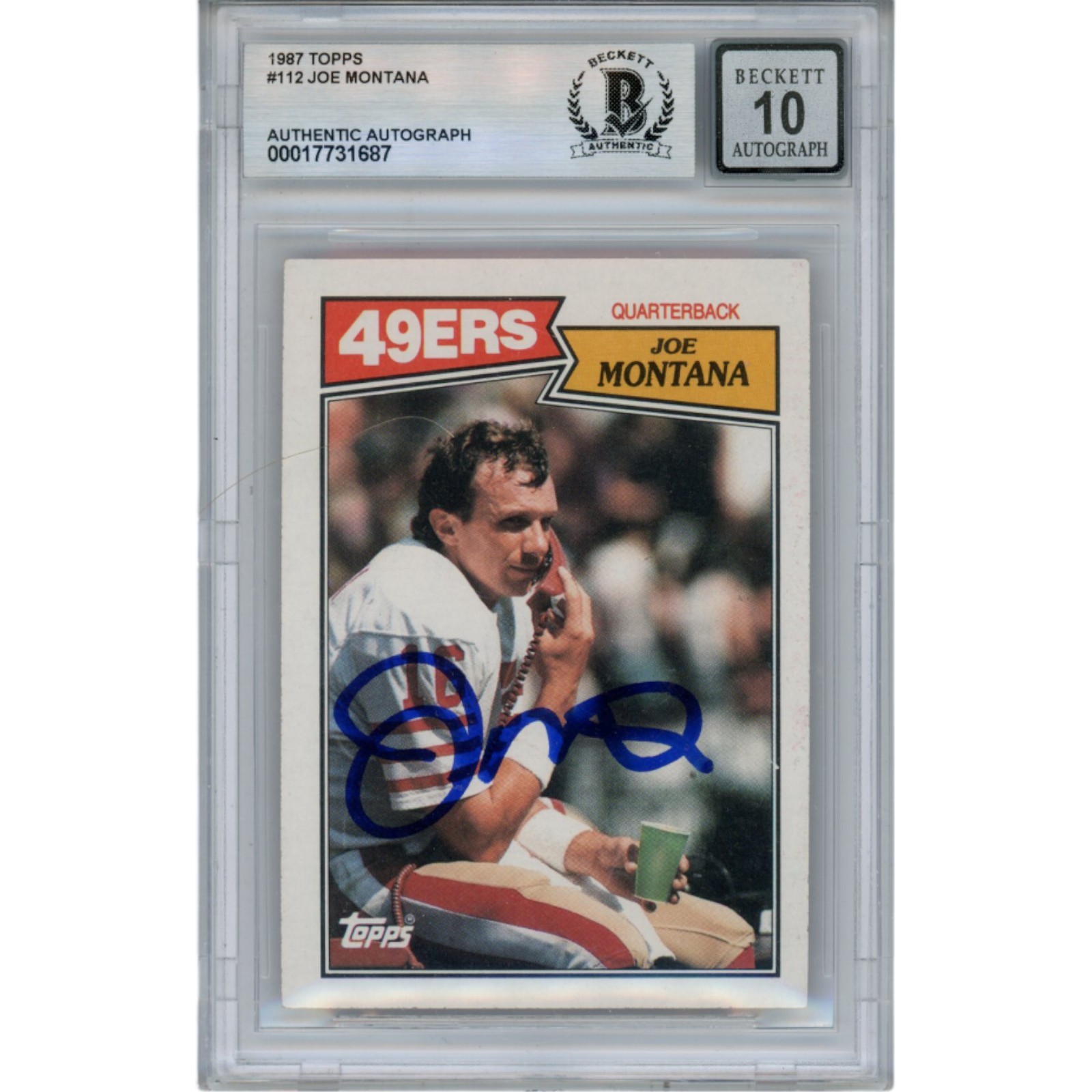 Joe Montana Autographed/Signed 1987 Topps #112 Slab Trading Card Beckett 49898