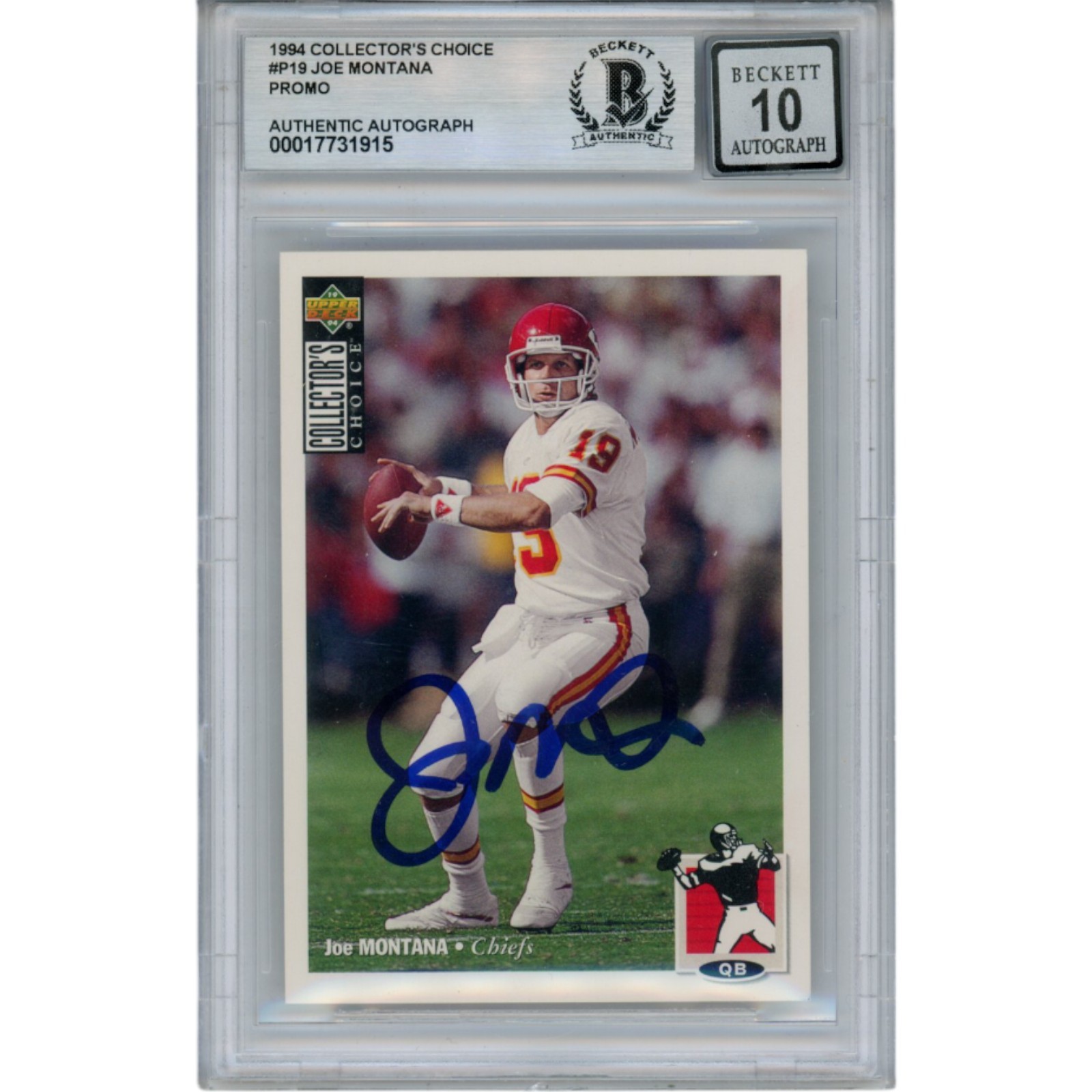 Joe Montana Autographed 1994 Upper Deck #19 Slab Trading Card Beckett 49907