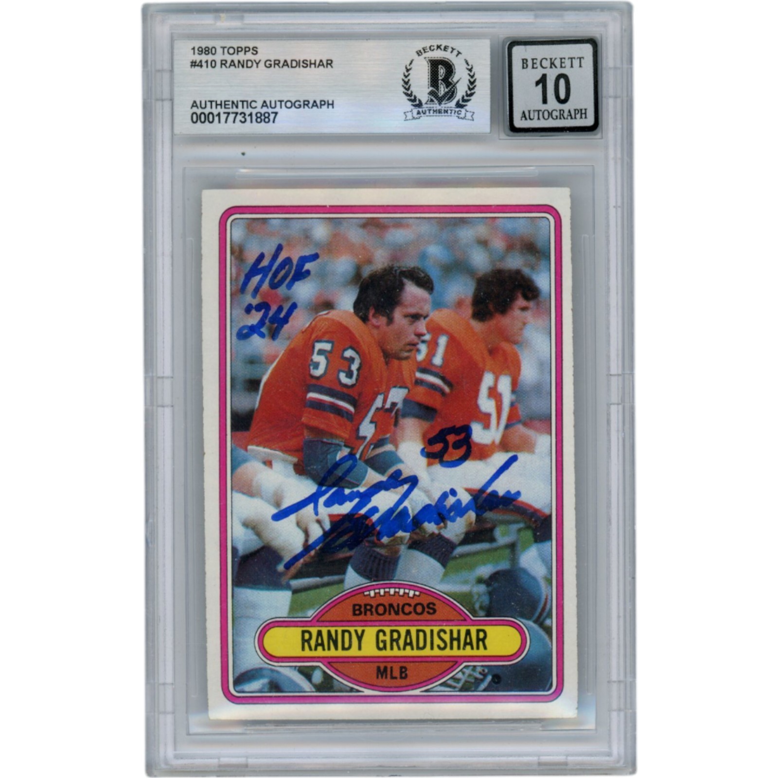 Randy Gradishar Autographed 1980 Topps #410 10 Grade Slabbed Card Beckett 50006