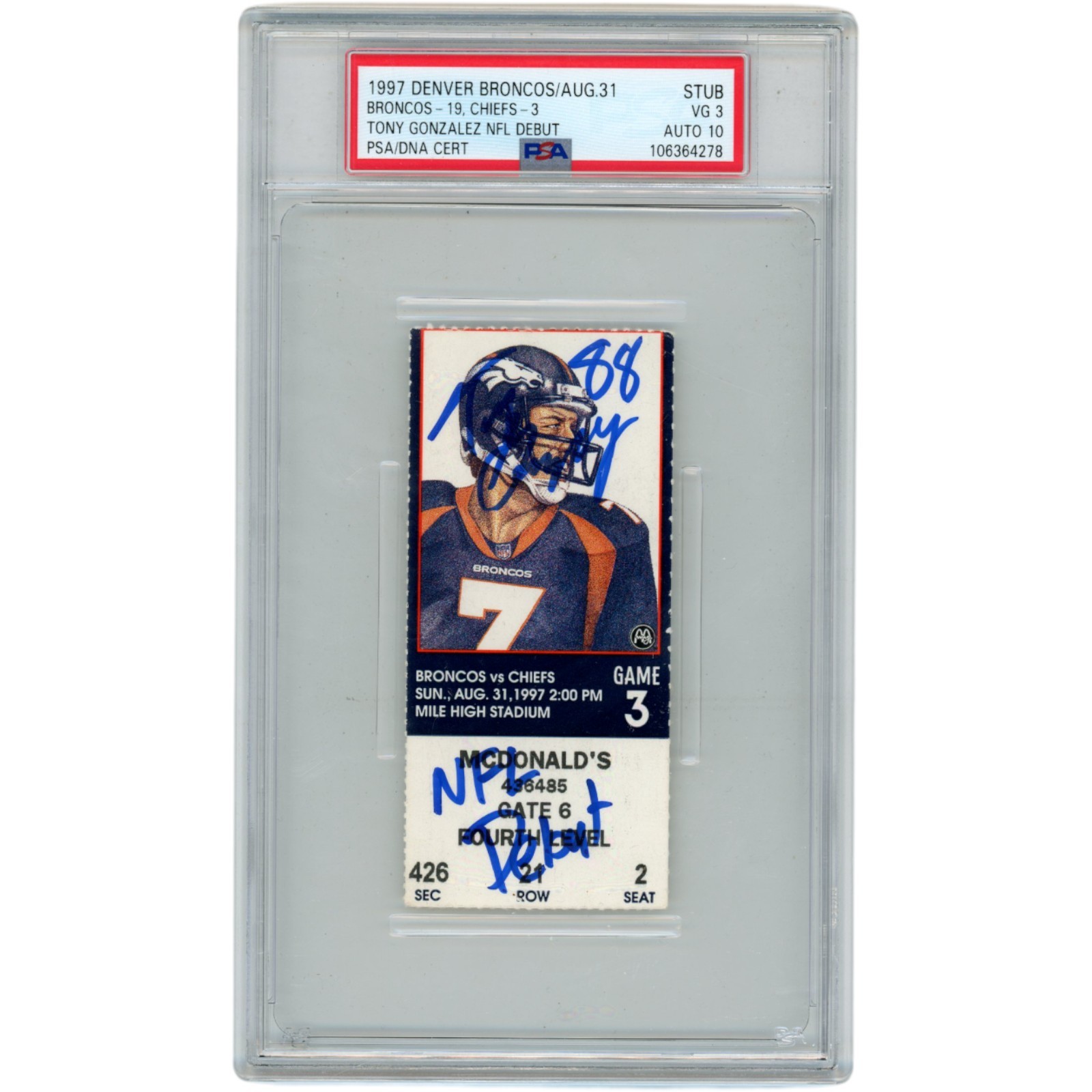 Tony Gonzalez Signed Kansas City Chiefs NFL Debut PSA 3 Ticket Slab PSA 47438