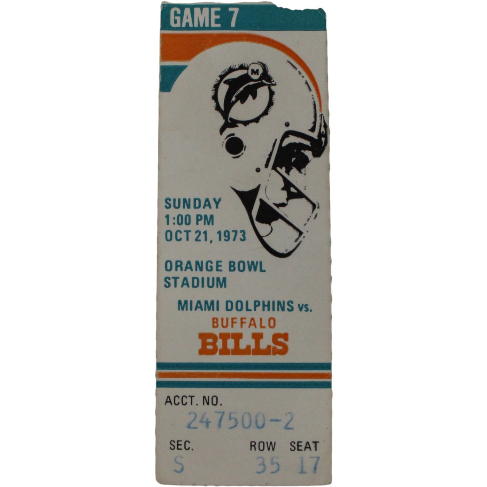 Miami Dolphins Buffalo Bills Ticket Stub 10/21/1973 Bob Griese OJ Simpson 59434