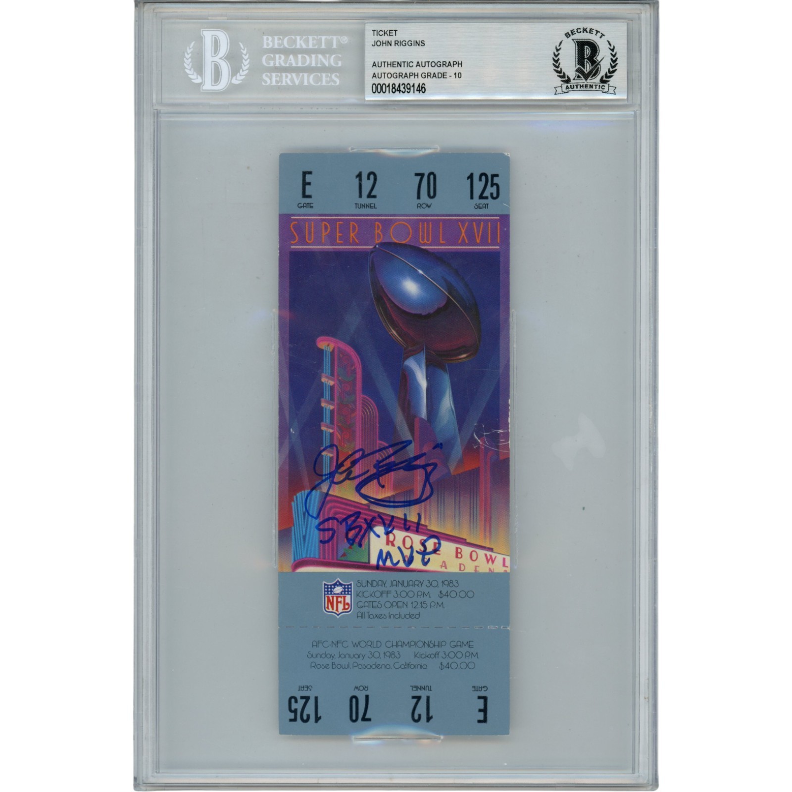John Riggins Signed Washington Redskins Super Bowl XVII Ticket MVP Beckett 51905