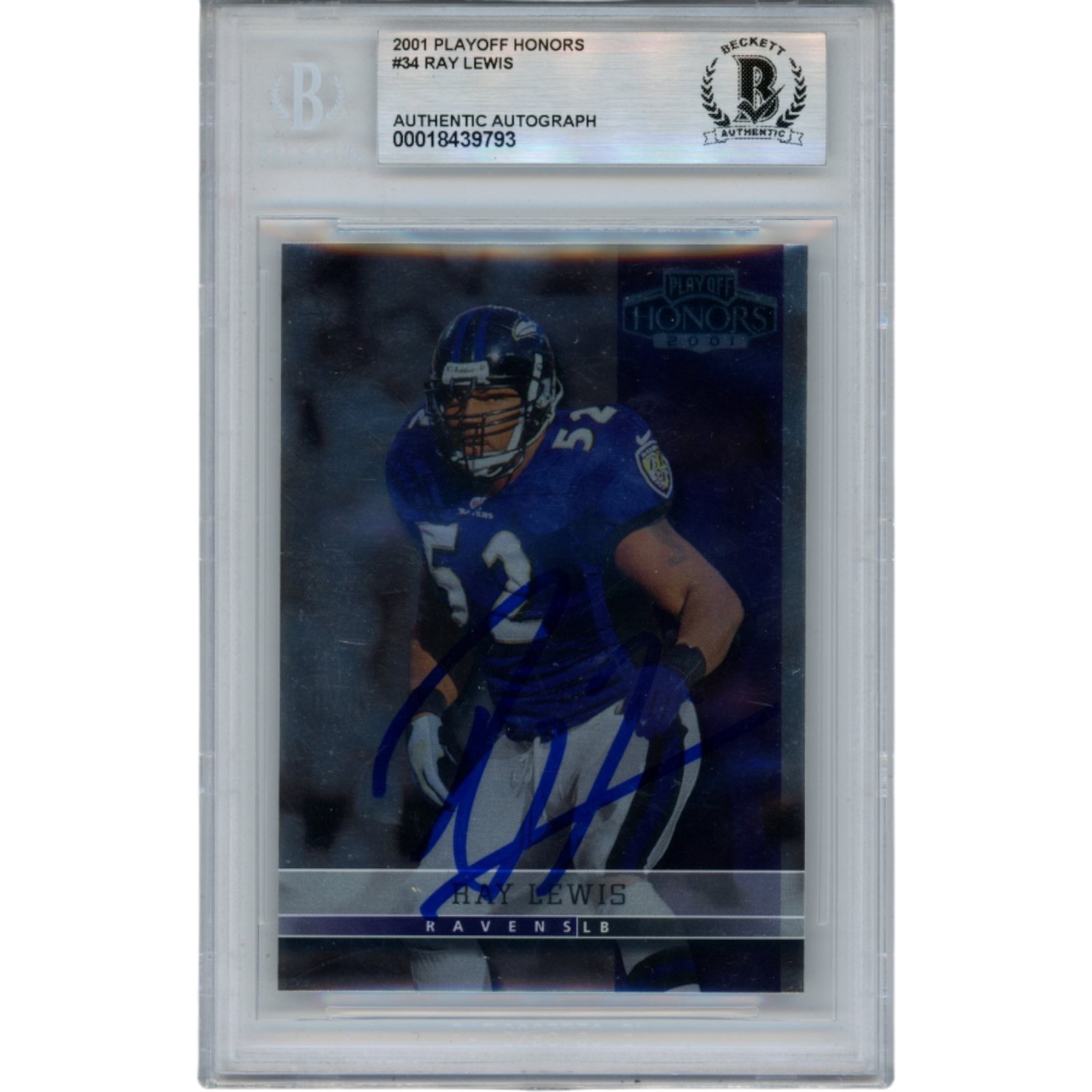 Ray Lewis Autographed 2001 Playoff Honors #34 Trading Card Slab Beckett 53471