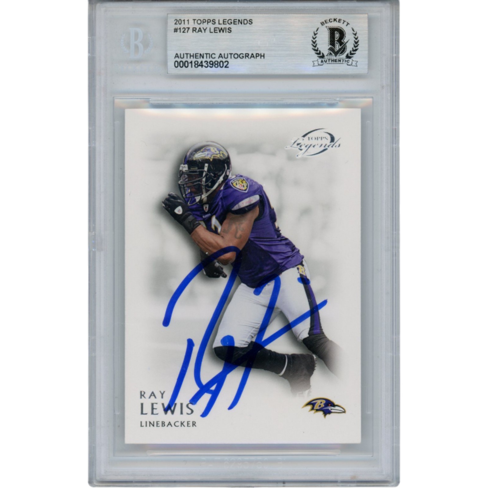 Ray Lewis Autographed 2001 Topps Legends #127 Trading Card Slab Beckett 53462