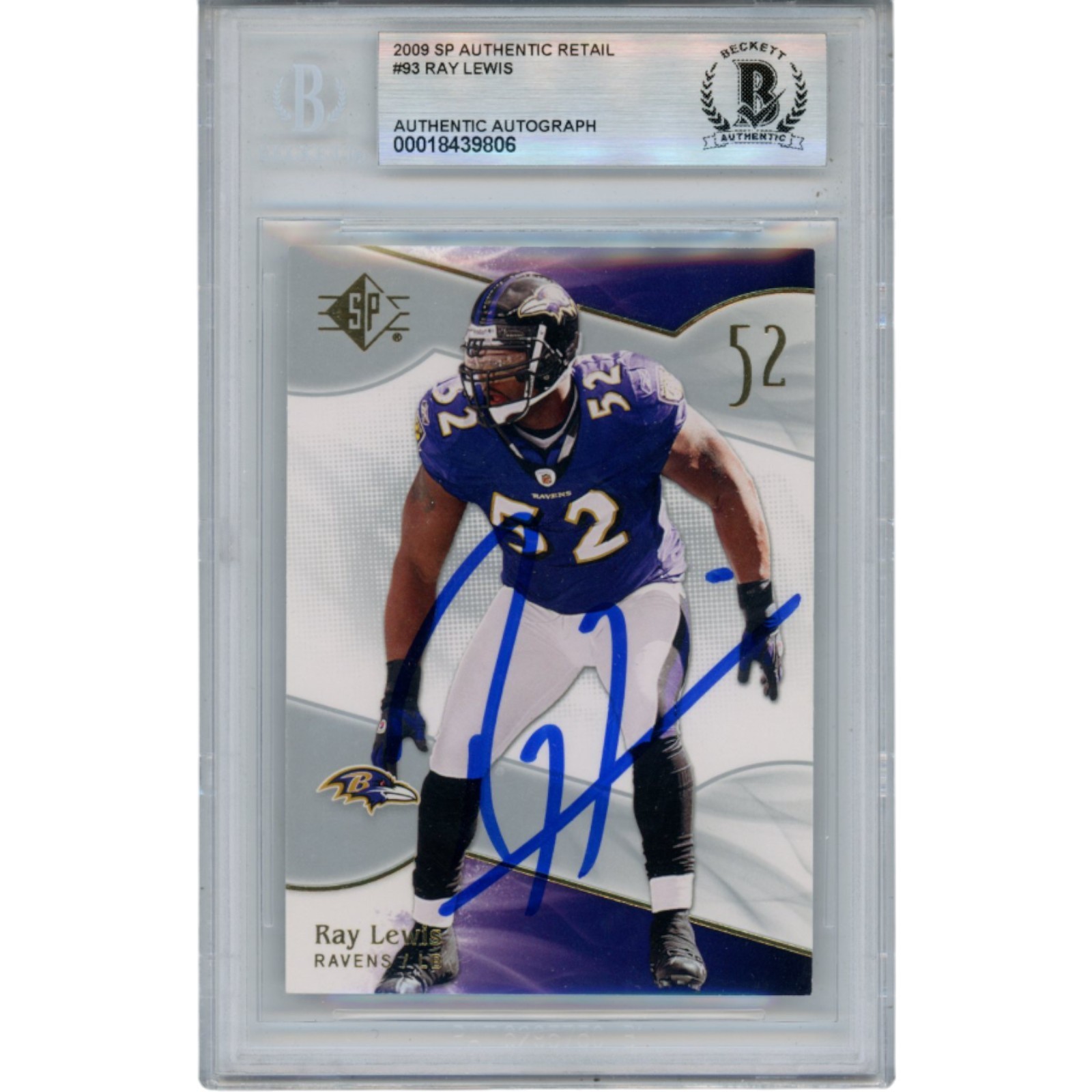 Ray Lewis Autographed/Signed 2009 UD SP Gold #93 Trading Card Slab Beckett 53457