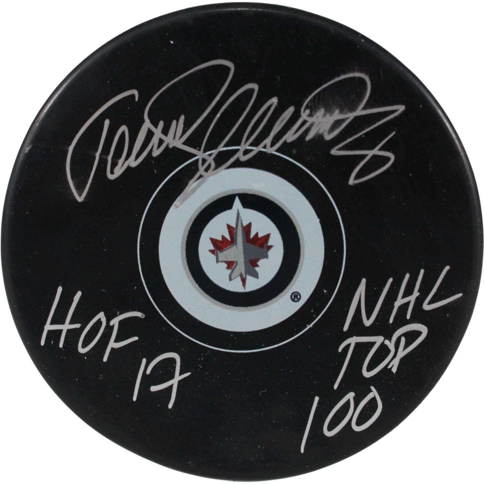 Teemu Selanne Autographed Winnipeg Jets Logo Puck NHL Top 100 HOF JSA 54004