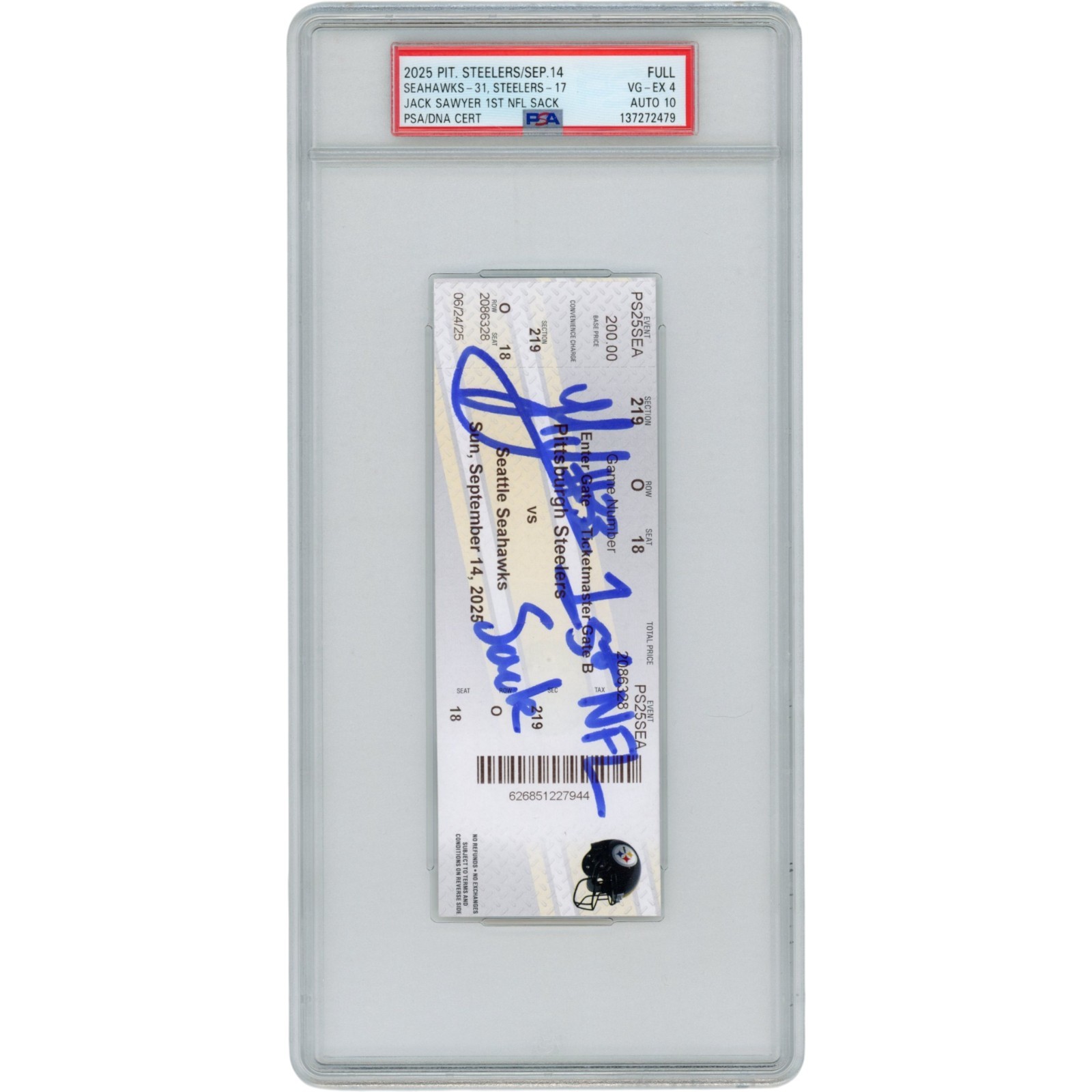 Jack Sawyer Autographed Pittsburgh Steelers 1st NFL Sack Ticket PSA Slab 54817