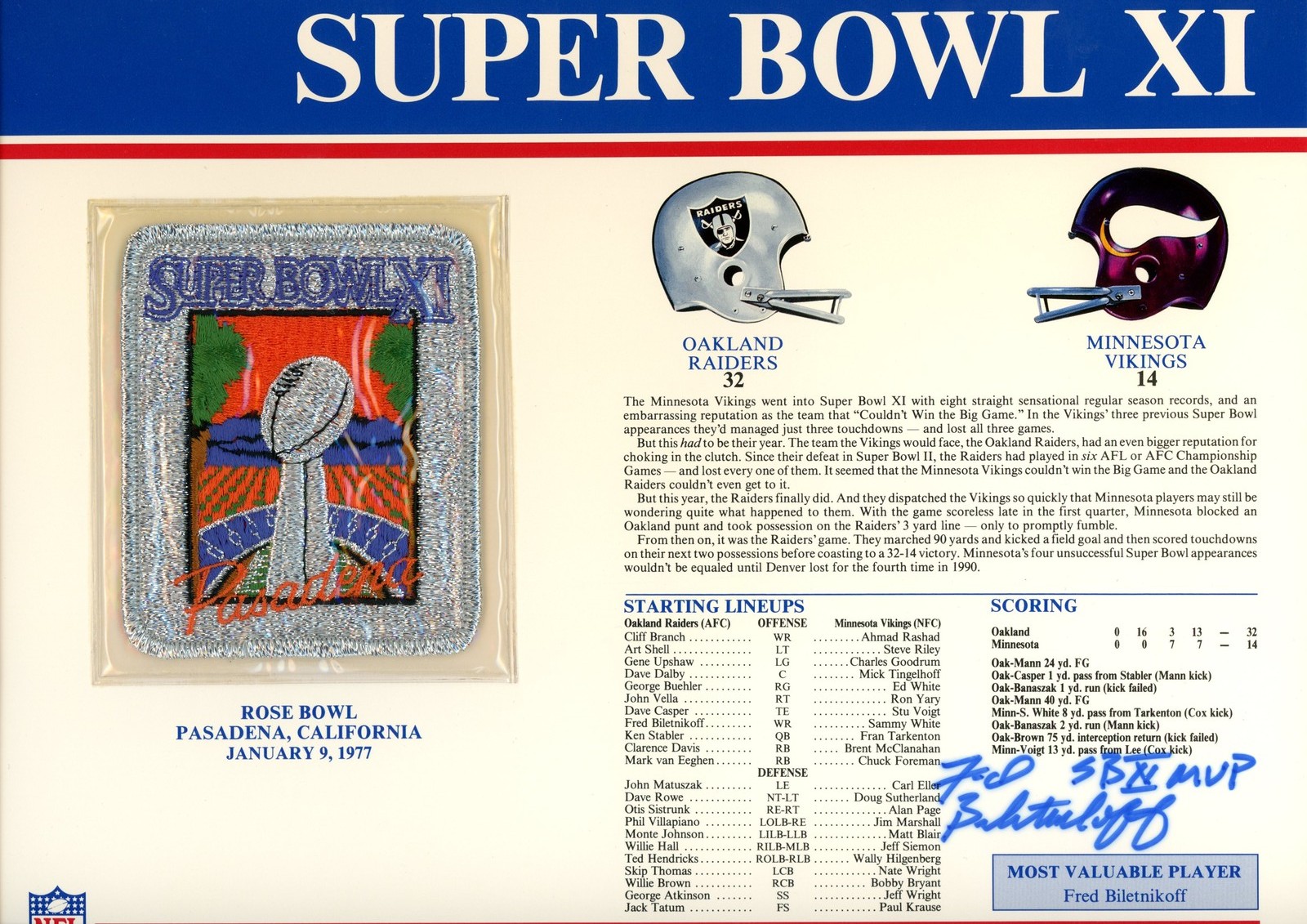 Fred Biletnikoff Autographed Oakland Raiders SB XI Patch Card MVP Beckett 54942