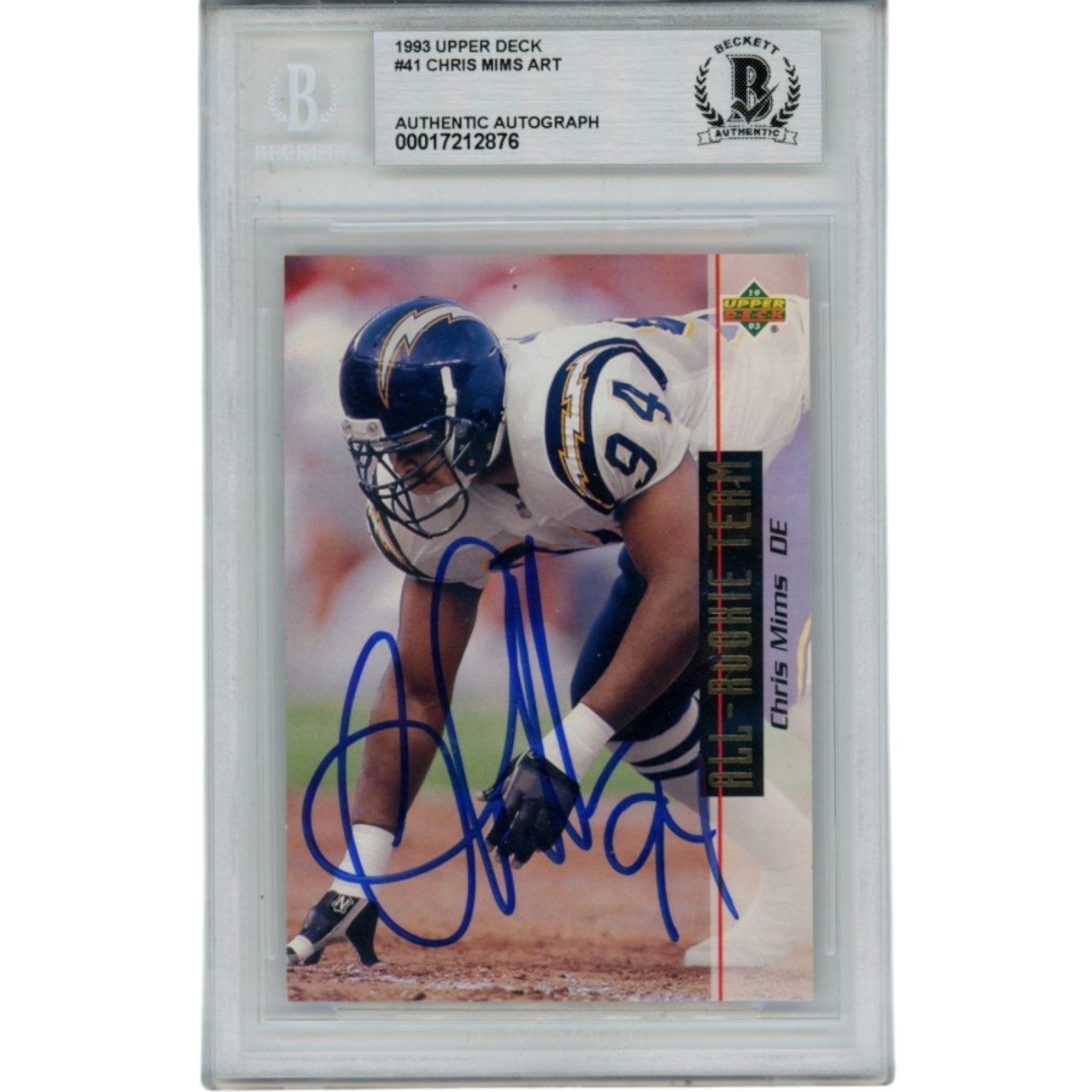 Chris Mims Signed San Diego Chargers 1993 Upper Deck #41 Card Slab Beckett 56121