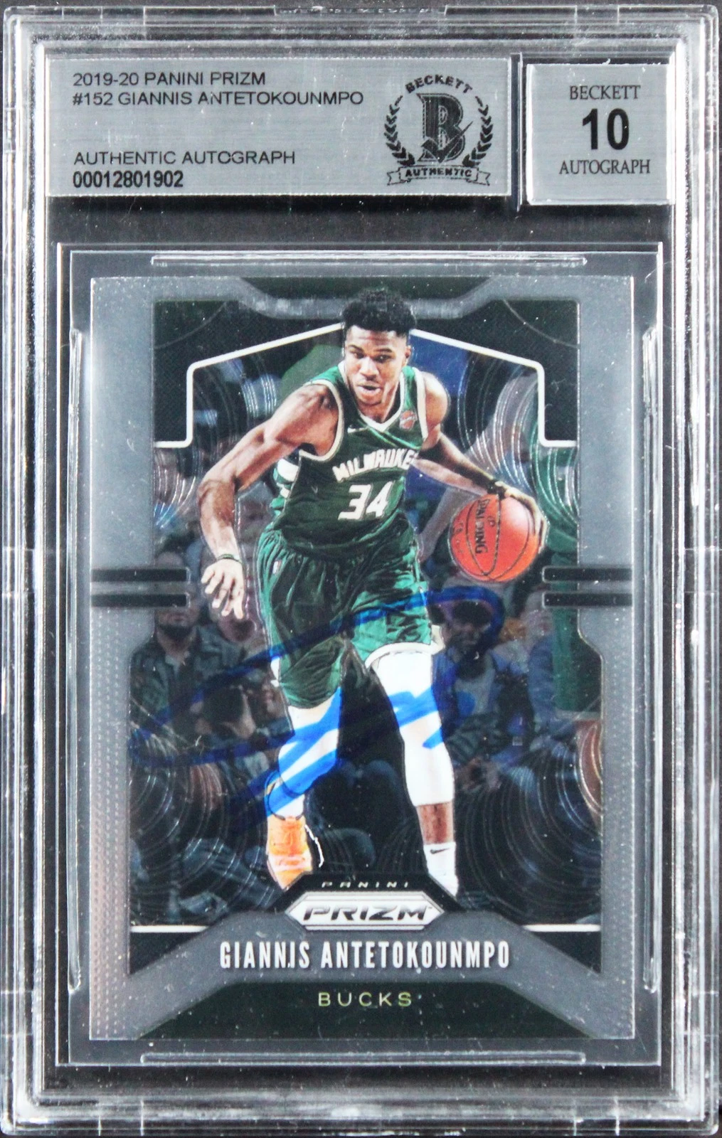 Bucks Giannis Antetokounmpo Signed 2019 Panini Prizm #152 Card Auto 10! BAS Slab