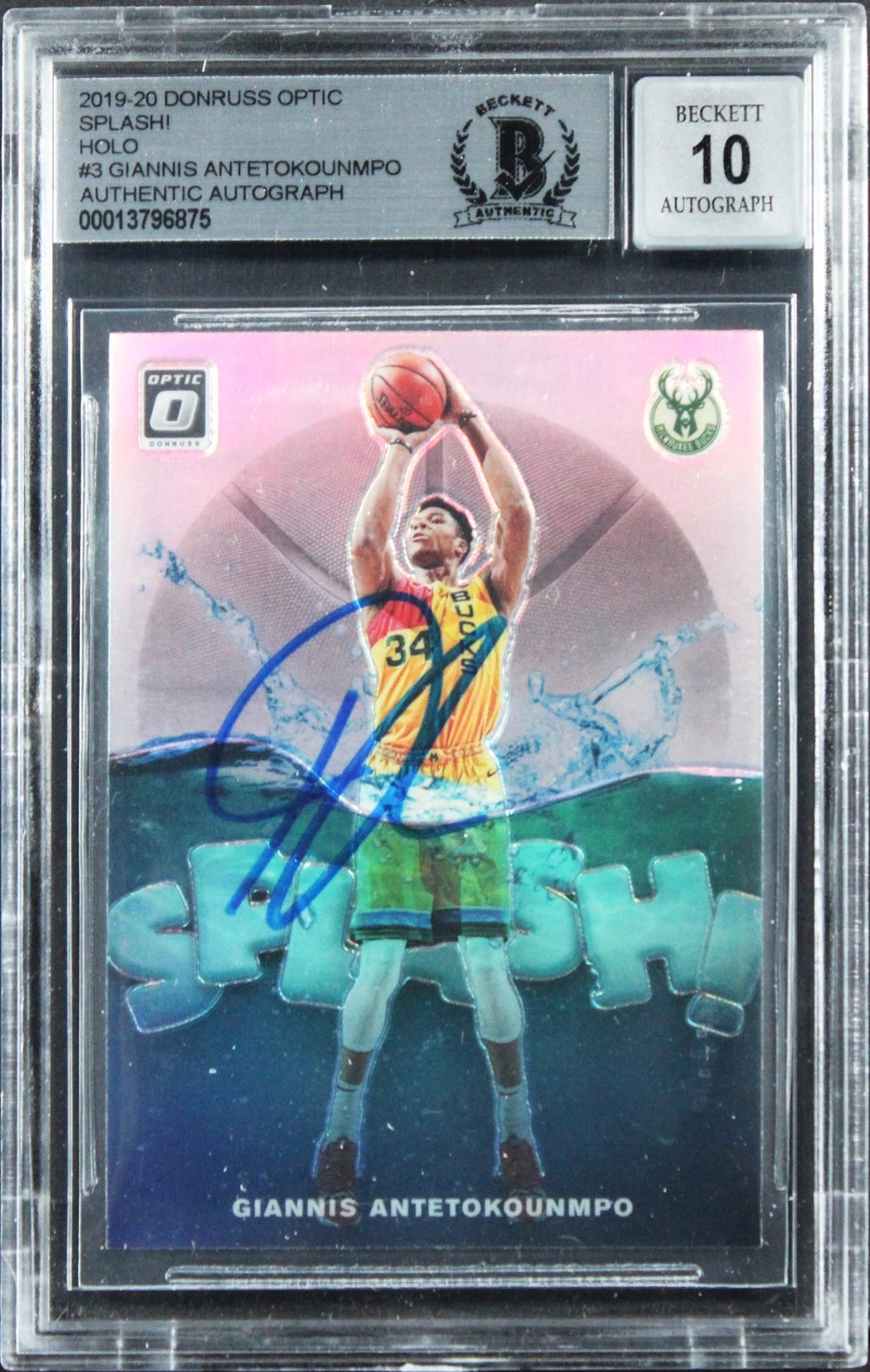 Bucks Giannis Antetokounmpo Signed 2019 Donruss Optic #3 Card Auto 10! BAS Slab