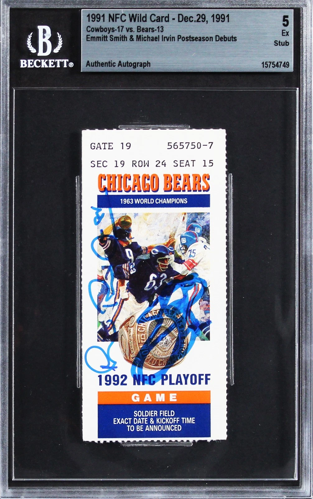 Emmitt Smith & Michael Irvin Signed 1991 Playoff Ticket Stub Graded 5 BAS Slab 1