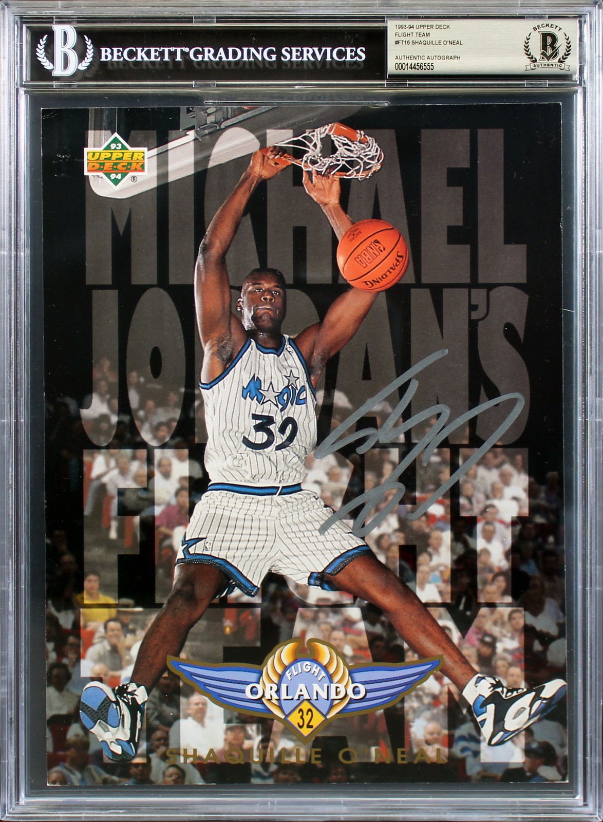 Magic Shaquille O'Neal Signed 8.25x10.75 1993 UD Flight Team #FT16 Card BAS Slab