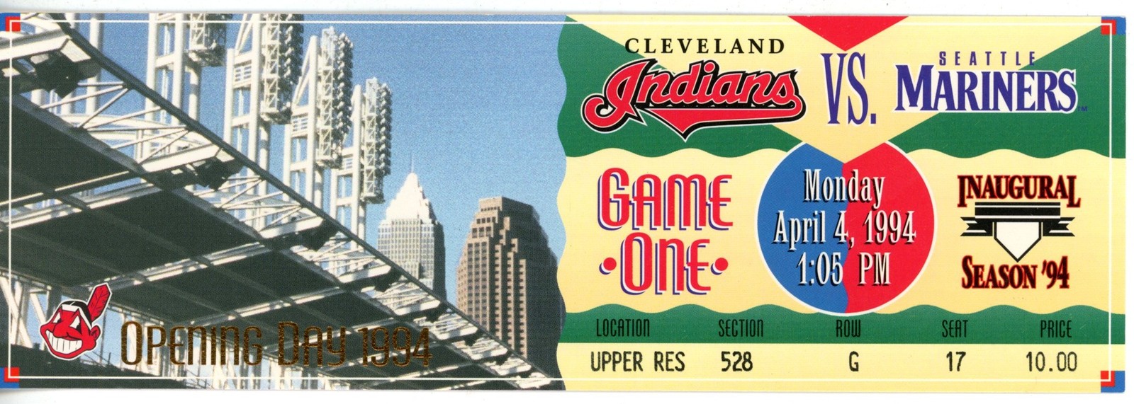 Cleveland Indians Jacobs Field Inaugural Season 04/04/94 Mariners Ticket 56246