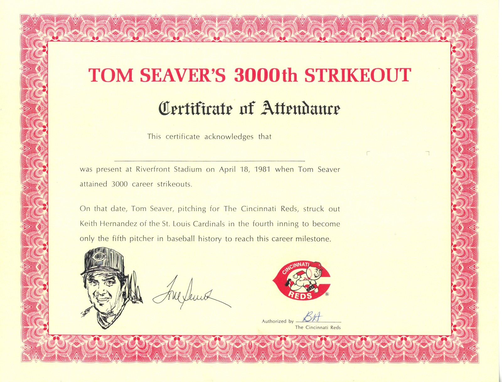 Cincinnati Reds Tom Seaver 3000th Strike Out 4/8/1981 Certificate 56274