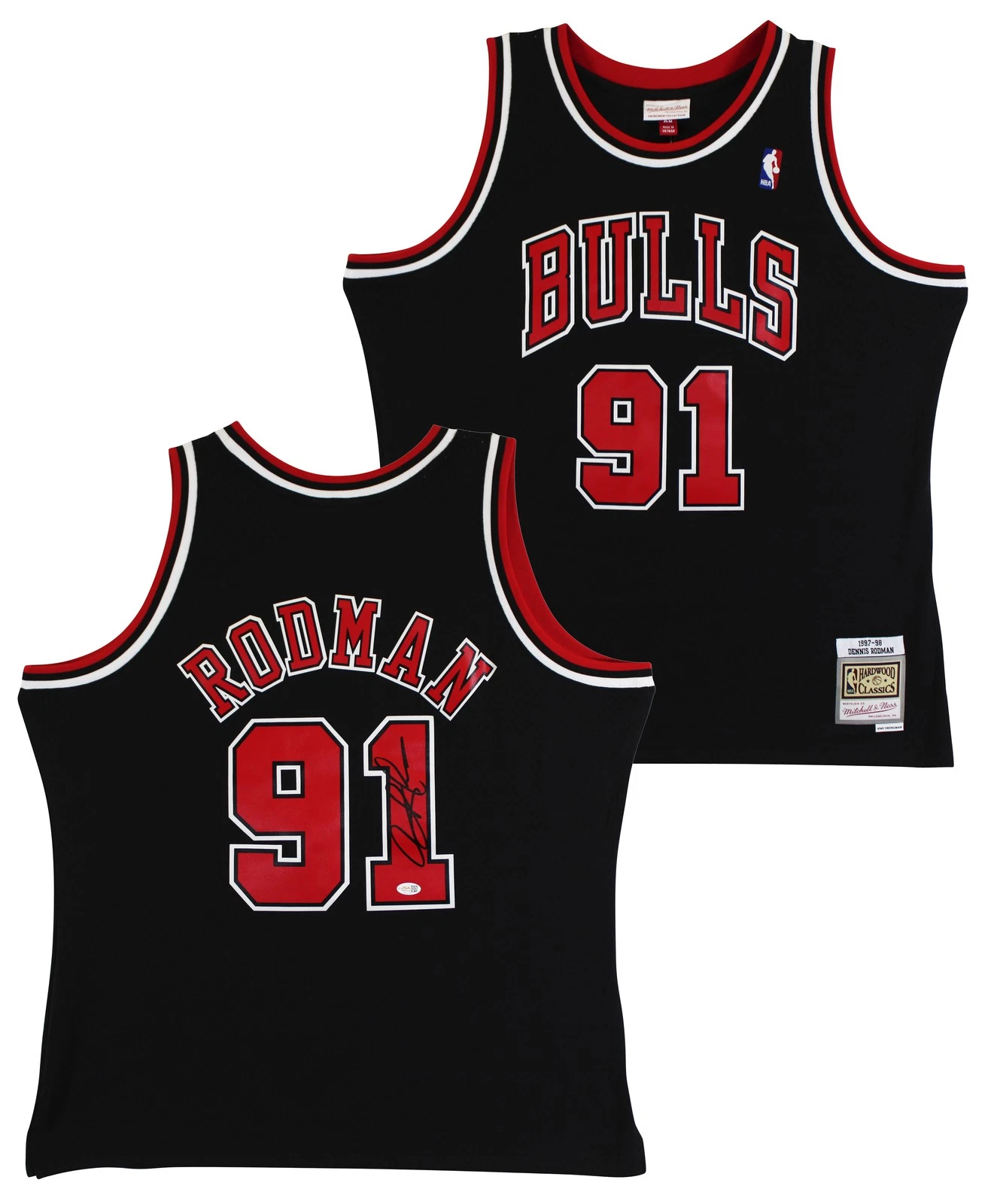 Bulls Dennis Rodman Signed Black M&N HWC Swingman Jersey w/ Black Sig JSA Wit