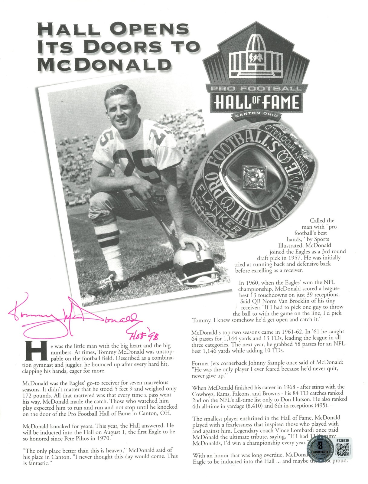 Tommy McDonald Autographed Philadelphia Eagles HOF Doc. HOF Beckett 56854