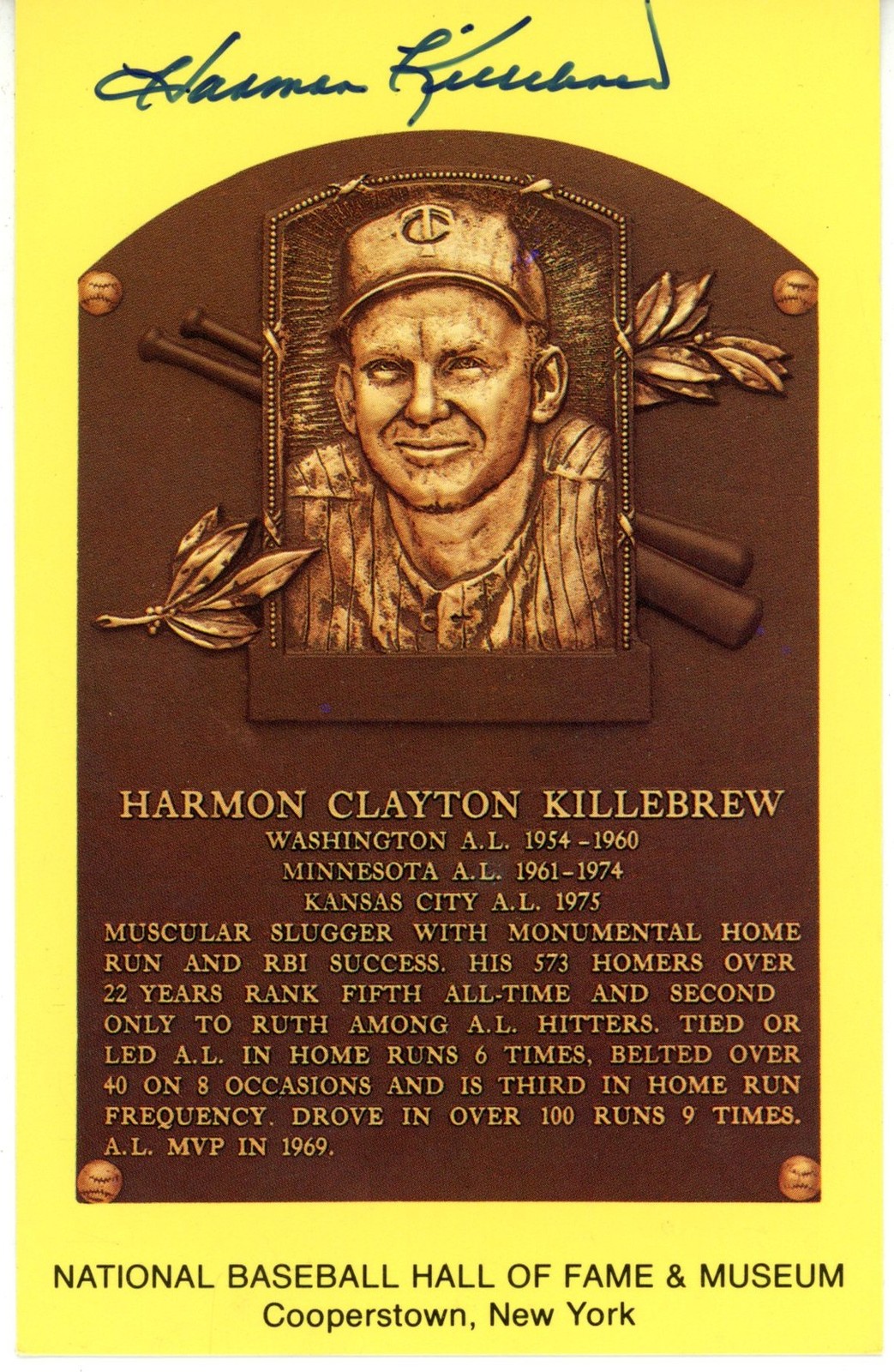 Harmon Killebrew Autographed/Signed Minnesota Twins HOF Postcard Beckett 56518