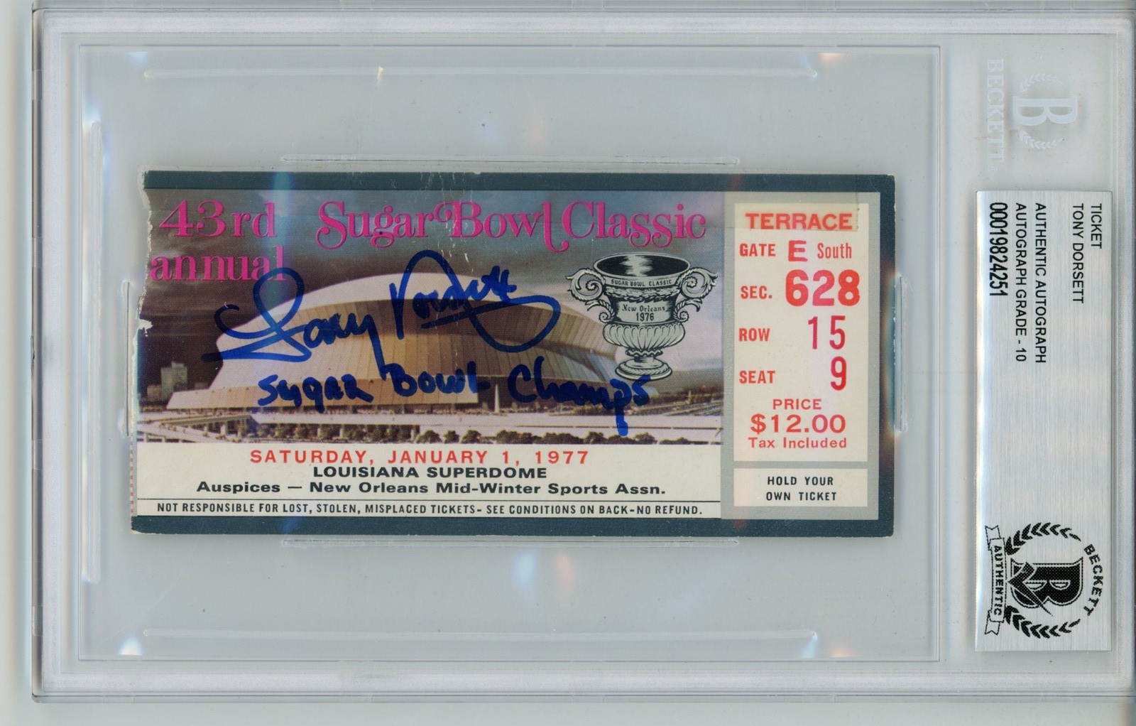 Tony Dorsett Signed Pittsburgh Panthers 1977 Sugar Bowl 10auto Ticket BAS 57039
