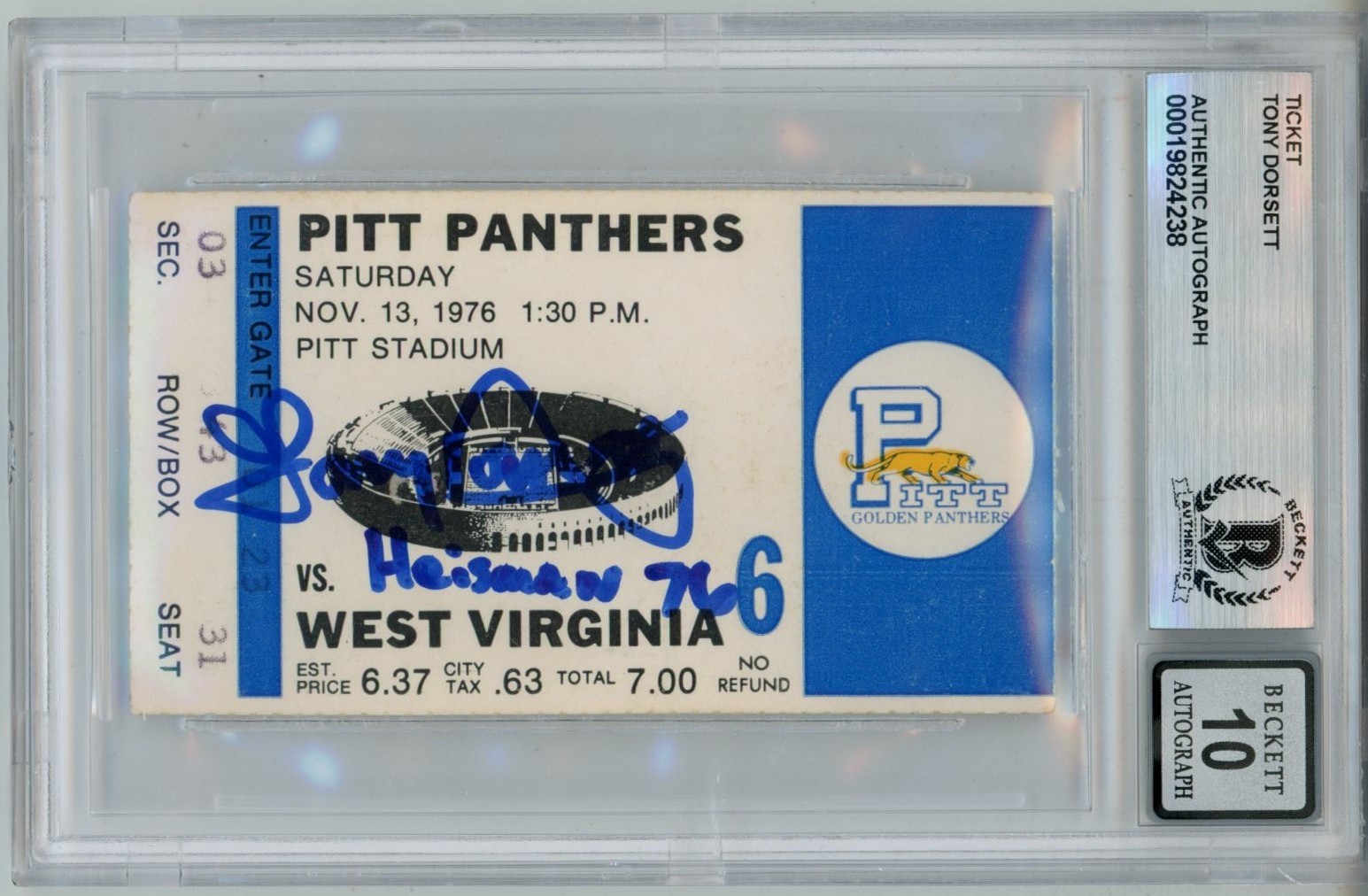 Tony Dorsett Signed Pittsburgh Panthers Heisman 10auto Ticket Slab Beckett 57044