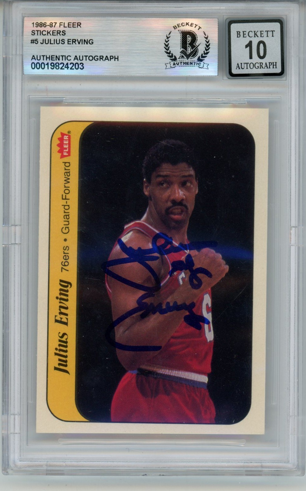 Julius Erving Autographed 1986 Fleer Sticker 10 auto Card Slab Beckett 54681