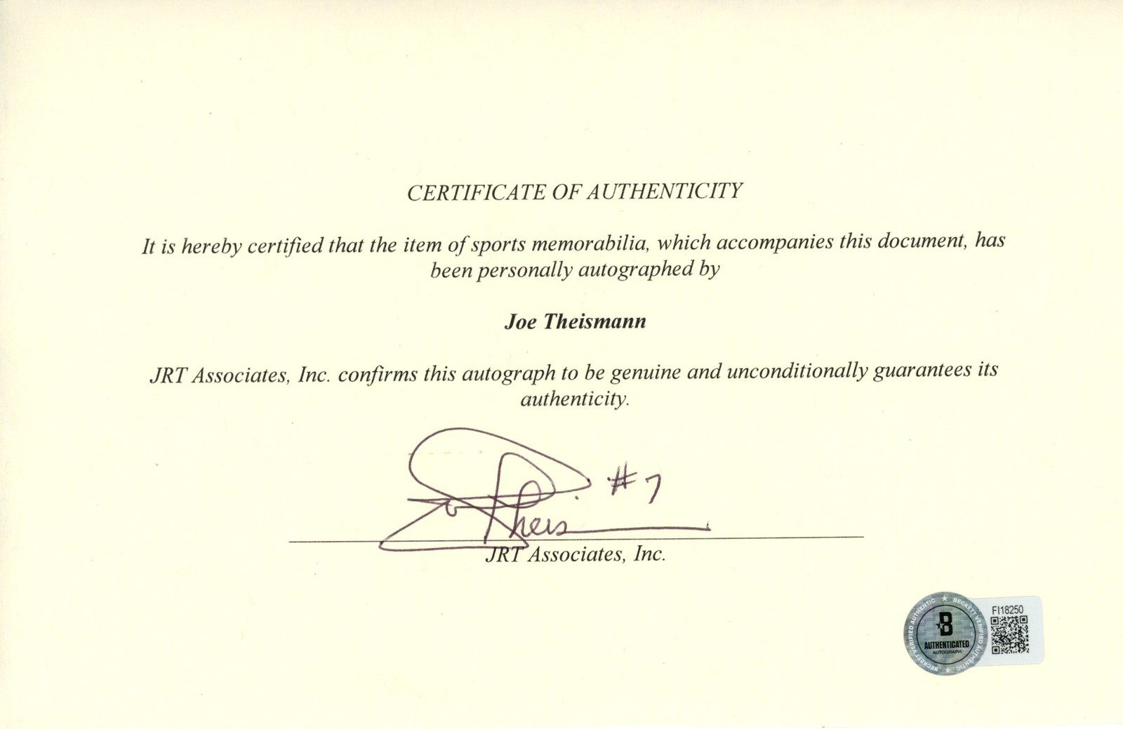 Joe Theismann Autographed Washington Redskins Certificate Genuine Beckett 57239