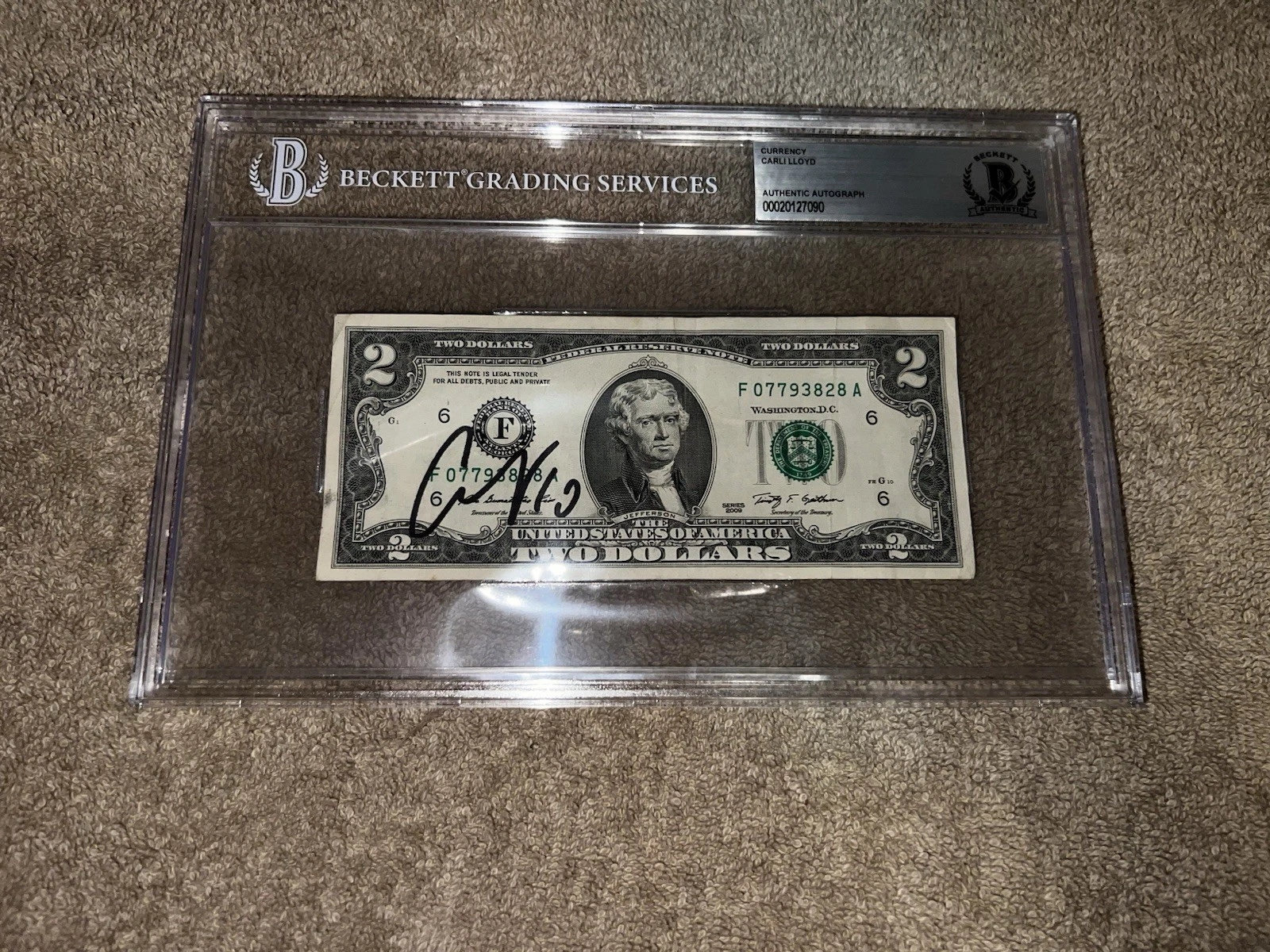 Carli Lloyd Signed Official $2 Dollar Bill Currency Womens Soccer Legend Beckett