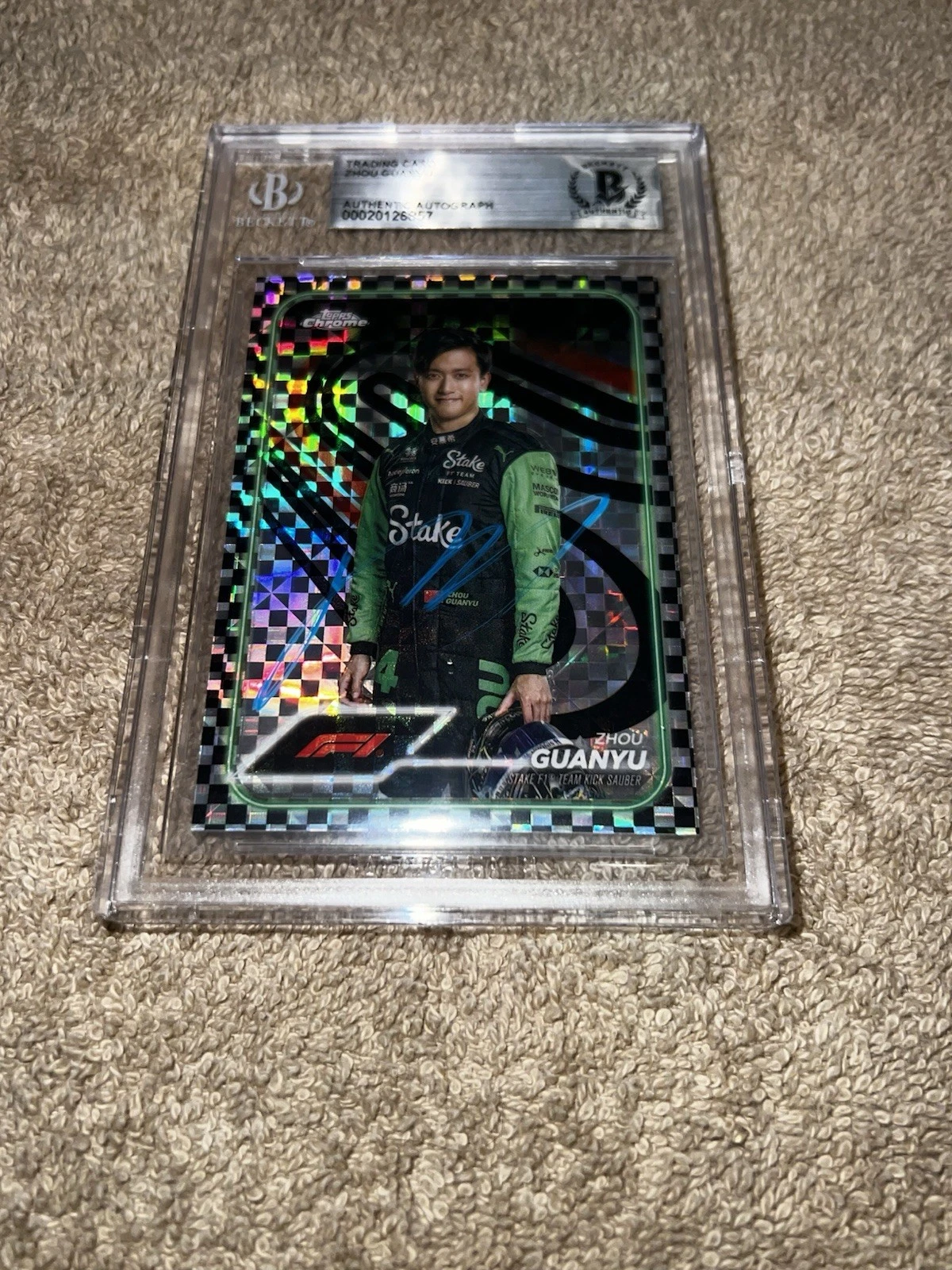 Zhou Guanyu Signed 2024 Topps Chrome Card #14 Stake Formula 1 Star Beckett