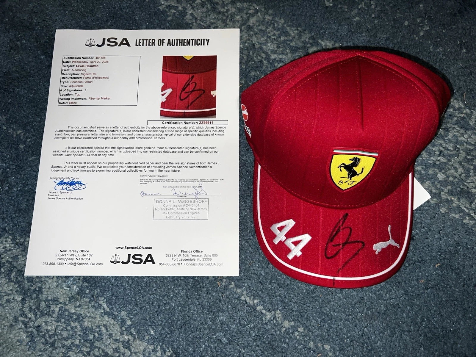 Lewis Hamilton Signed Ferrari #44 Hat Cap Formula 1 Star Legend JSA Letter