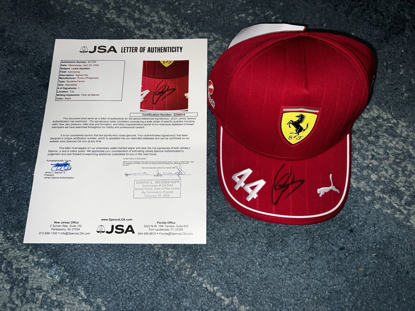 Lewis Hamilton Signed Ferrari #44 Hat Cap Formula 1 Star Legend JSA Letter #2
