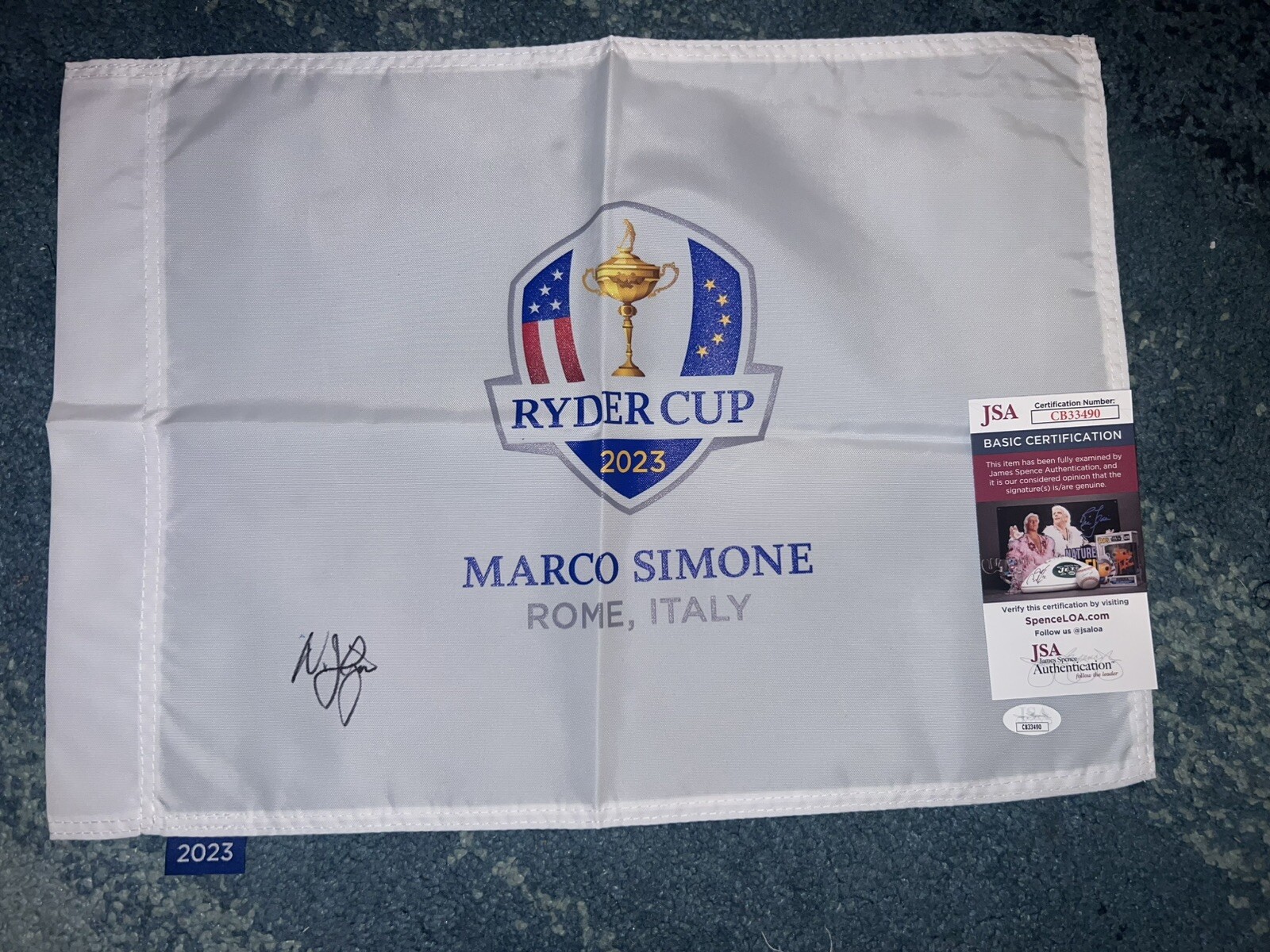 Nicolai Hojgaard Signed Official 2023 Ryder Cup Flag Marco Simone Champ JSA #2