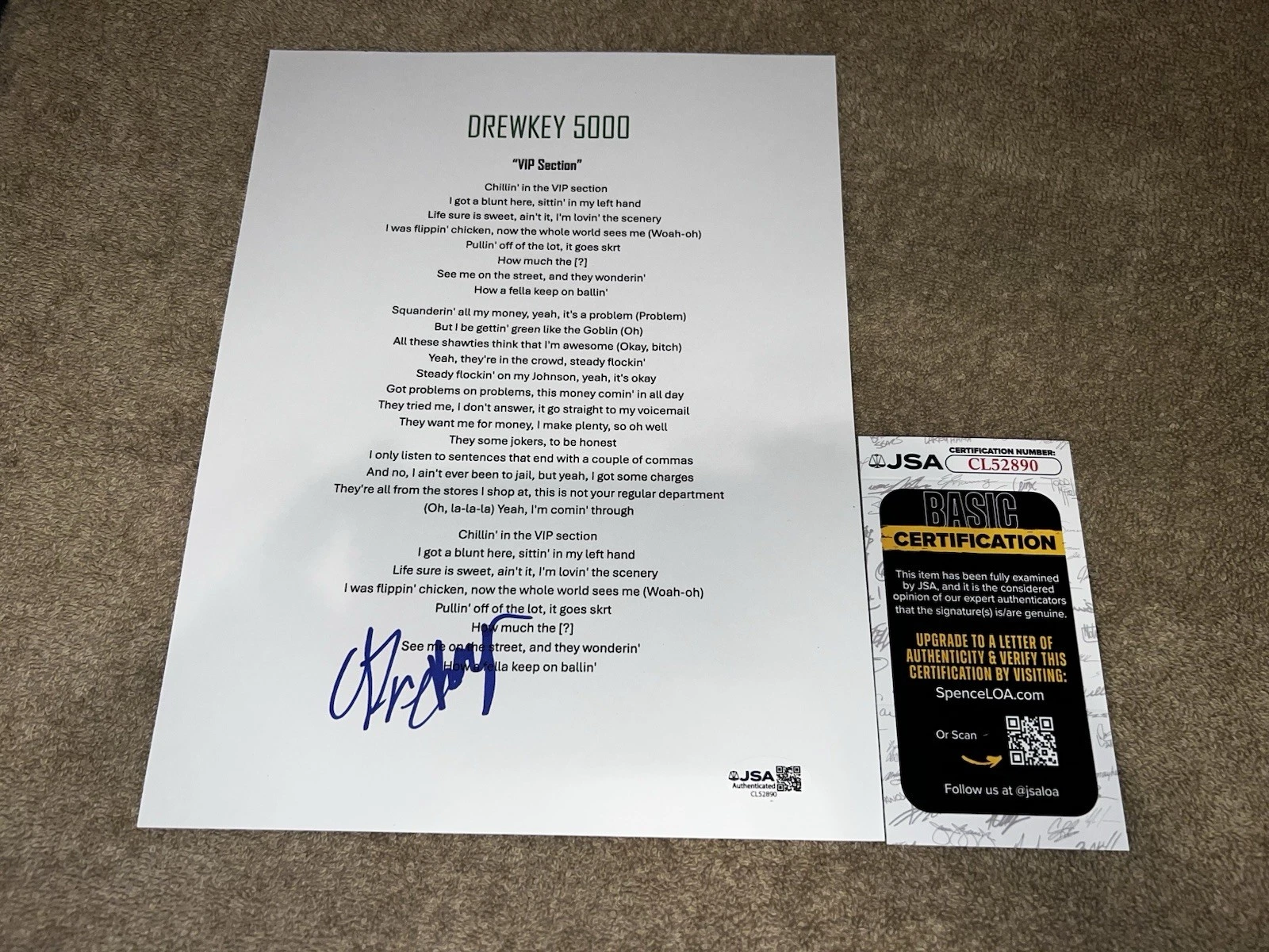 DrewKey 5000 Signed VIP Section Lyric Sheet Music Legend JSA Auth