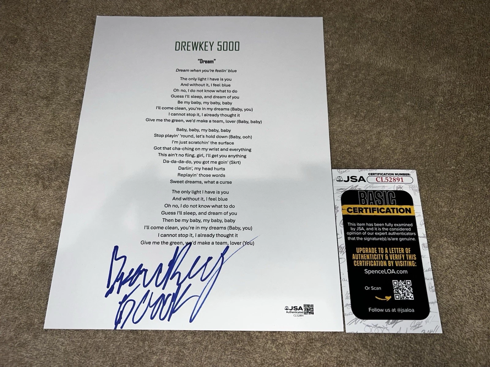 DrewKey 5000 Signed Dream Lyric Sheet Music Legend JSA Auth